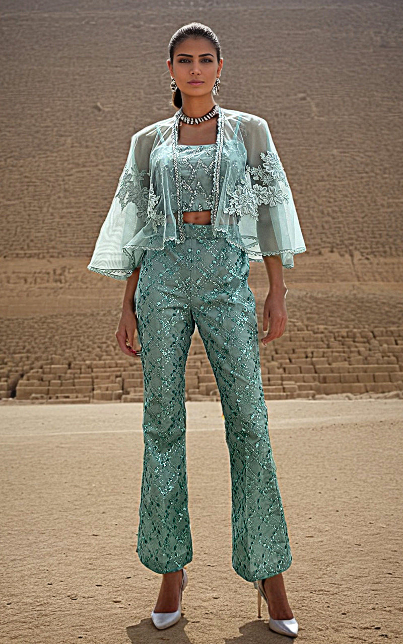 Seafoam Appliqué Embroidered Net Cape Dress (3-Piece) - Image 1