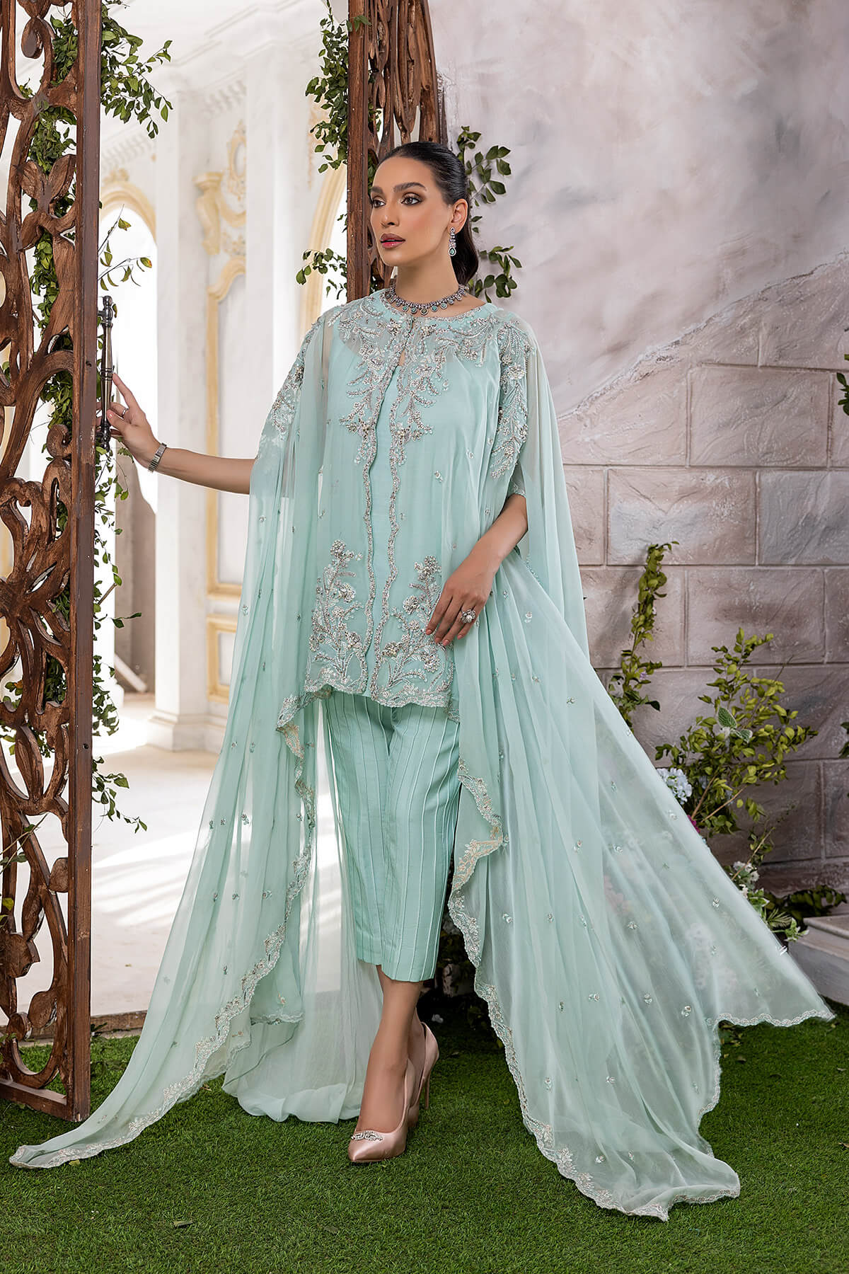 Mint Embroidered Pearl Chiffon Cape Dress (3-Piece) - Image 1