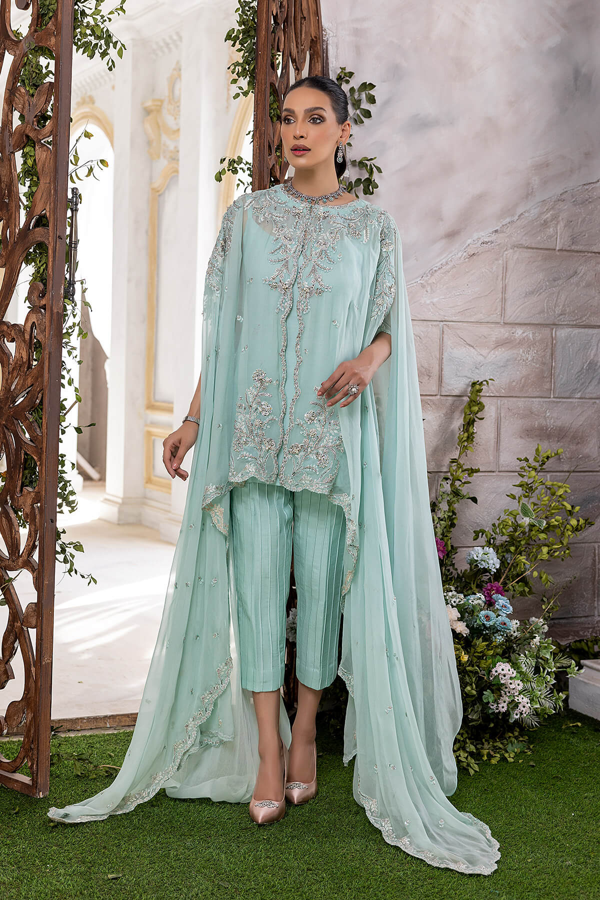 Mint Embroidered Pearl Chiffon Cape Dress (3-Piece) - Image 2