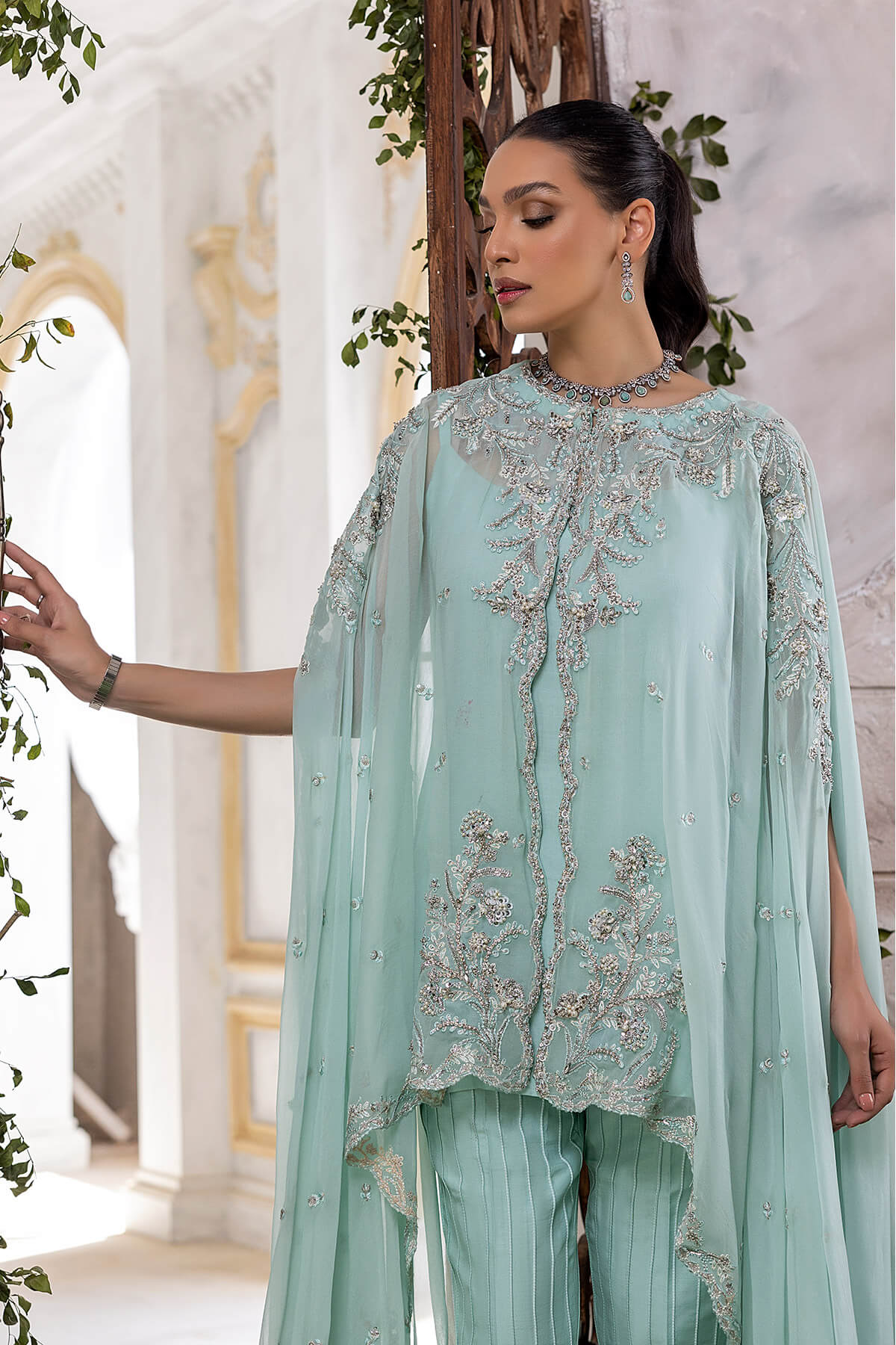 Mint Embroidered Pearl Chiffon Cape Dress (3-Piece) - Image 3