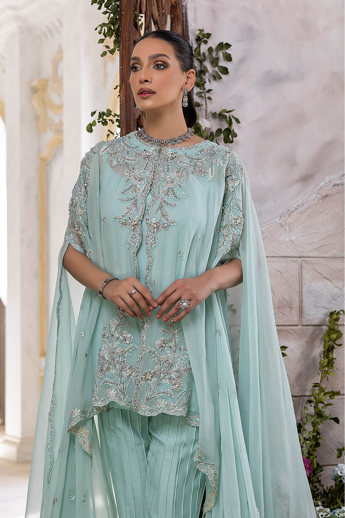 Mint Embroidered Pearl Chiffon Cape Dress (3-Piece) - Image 4
