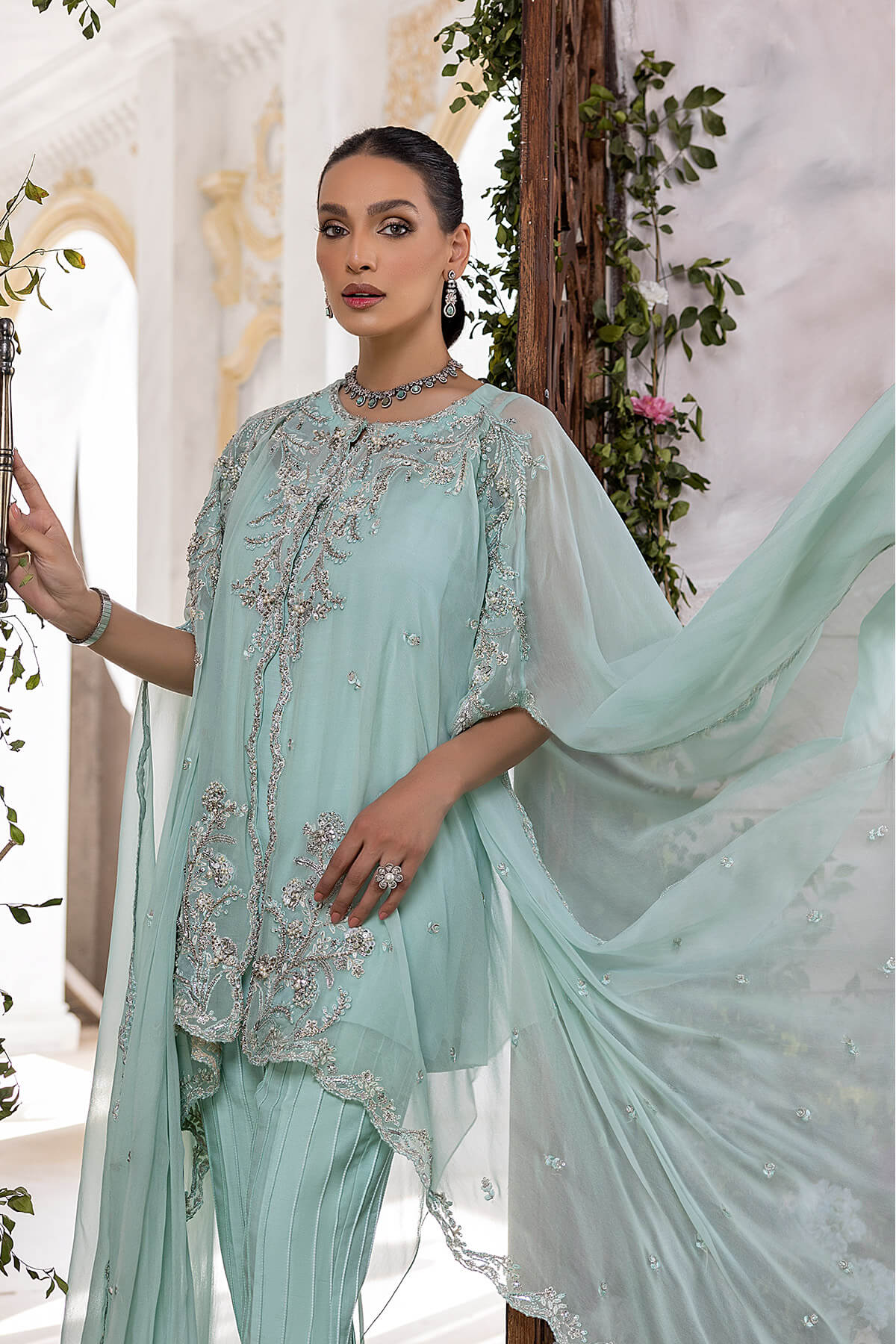 Mint Embroidered Pearl Chiffon Cape Dress (3-Piece) - Image 5