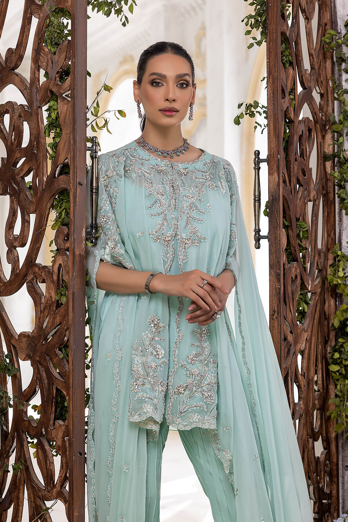 Mint Embroidered Pearl Chiffon Cape Dress (3-Piece) - Image 6