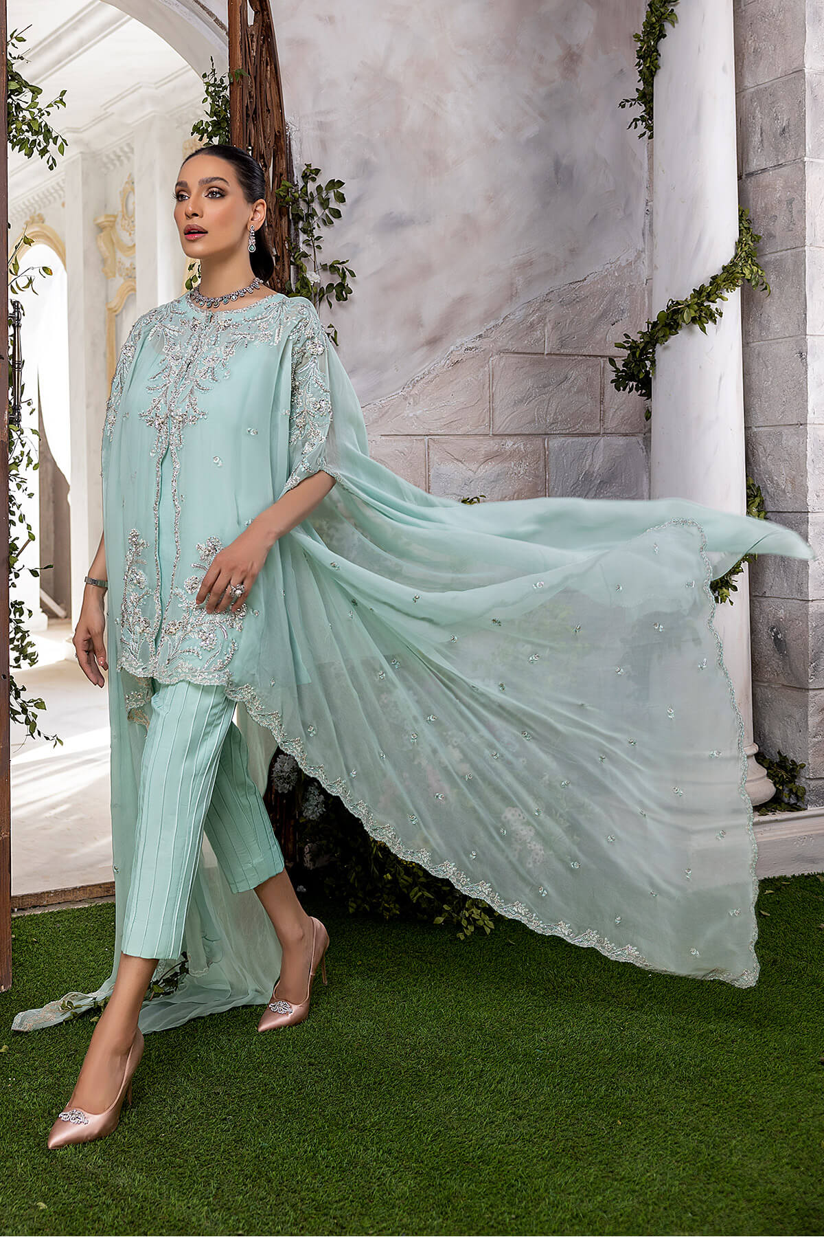 Mint Embroidered Pearl Chiffon Cape Dress (3-Piece) - Image 7