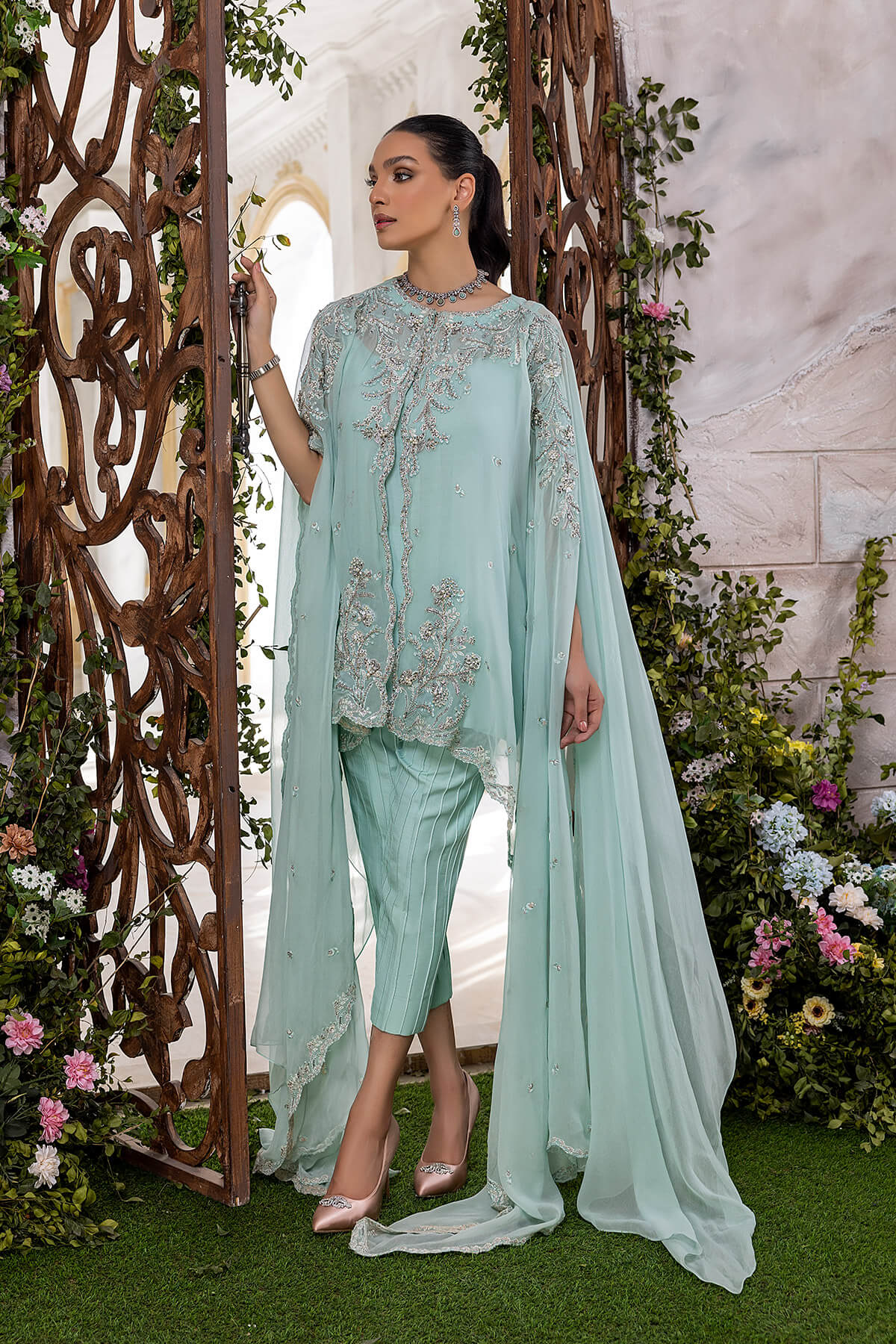 Mint Embroidered Pearl Chiffon Cape Dress (3-Piece) - Image 8