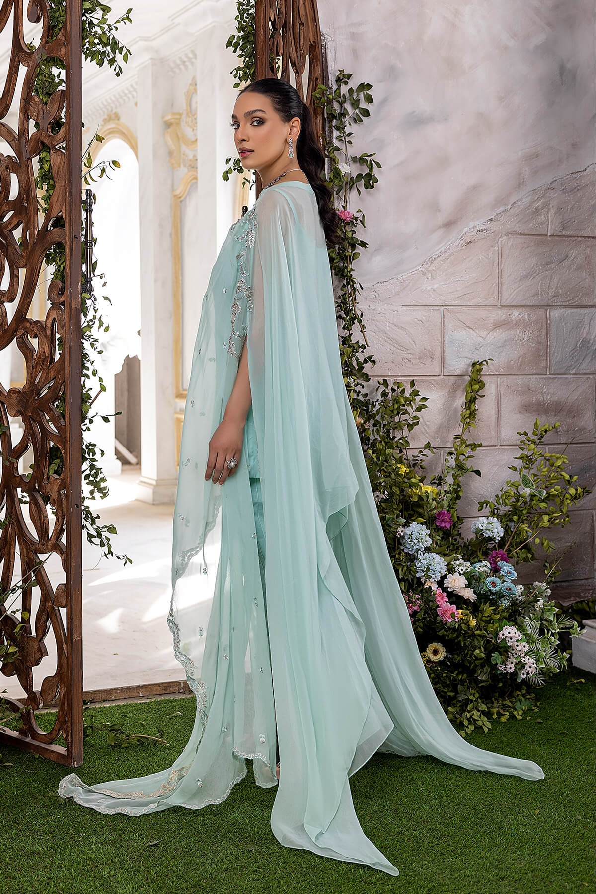 Mint Embroidered Pearl Chiffon Cape Dress (3-Piece) - Image 9