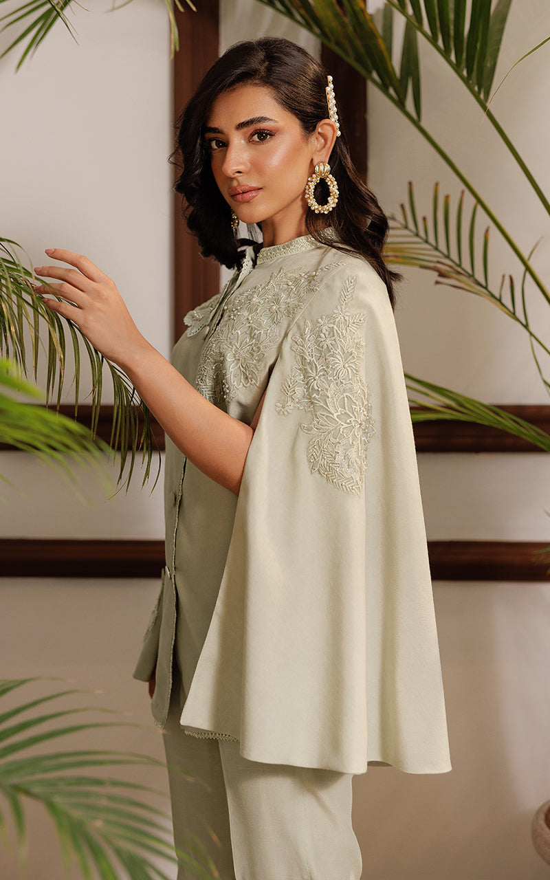 Pistachio Appliqué Embroidered Raw Silk Cape (2-Piece) - Image 2