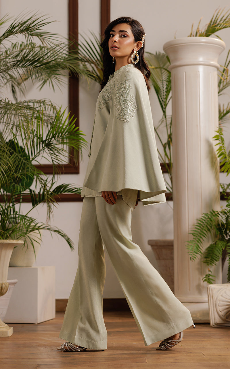 Pistachio Appliqué Embroidered Raw Silk Cape (2-Piece) - Image 3