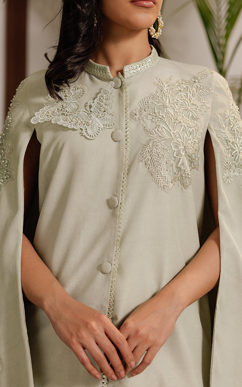 Pistachio Appliqué Embroidered Raw Silk Cape (2-Piece) - Image 5
