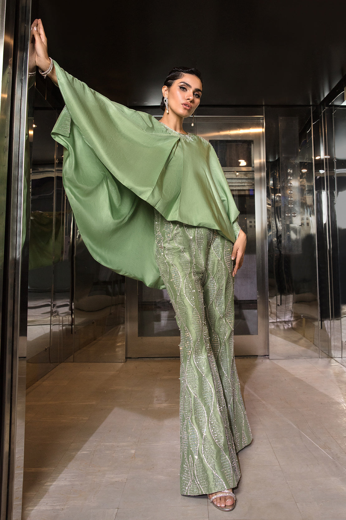 Pakistani Sage Green Embellished Raw Silk Cape Dress (2-Piece) - Image 1