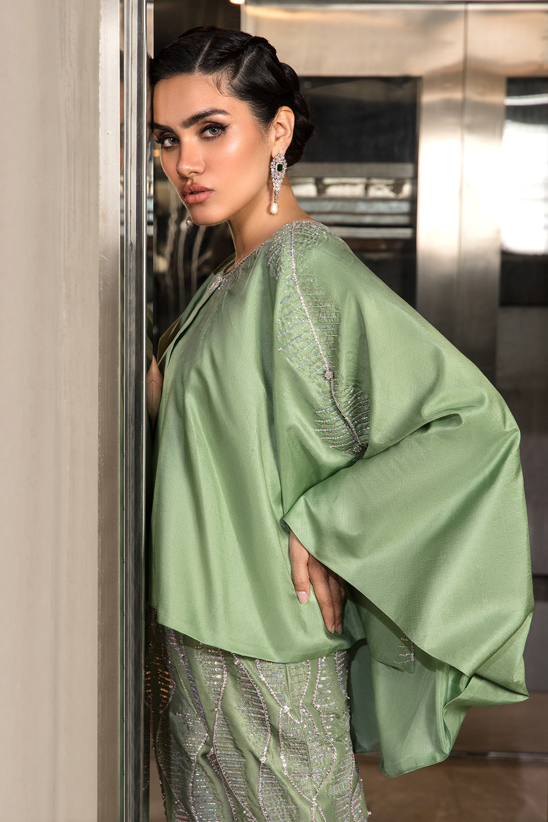 Pakistani Sage Green Embellished Raw Silk Cape Dress (2-Piece) - Image 2