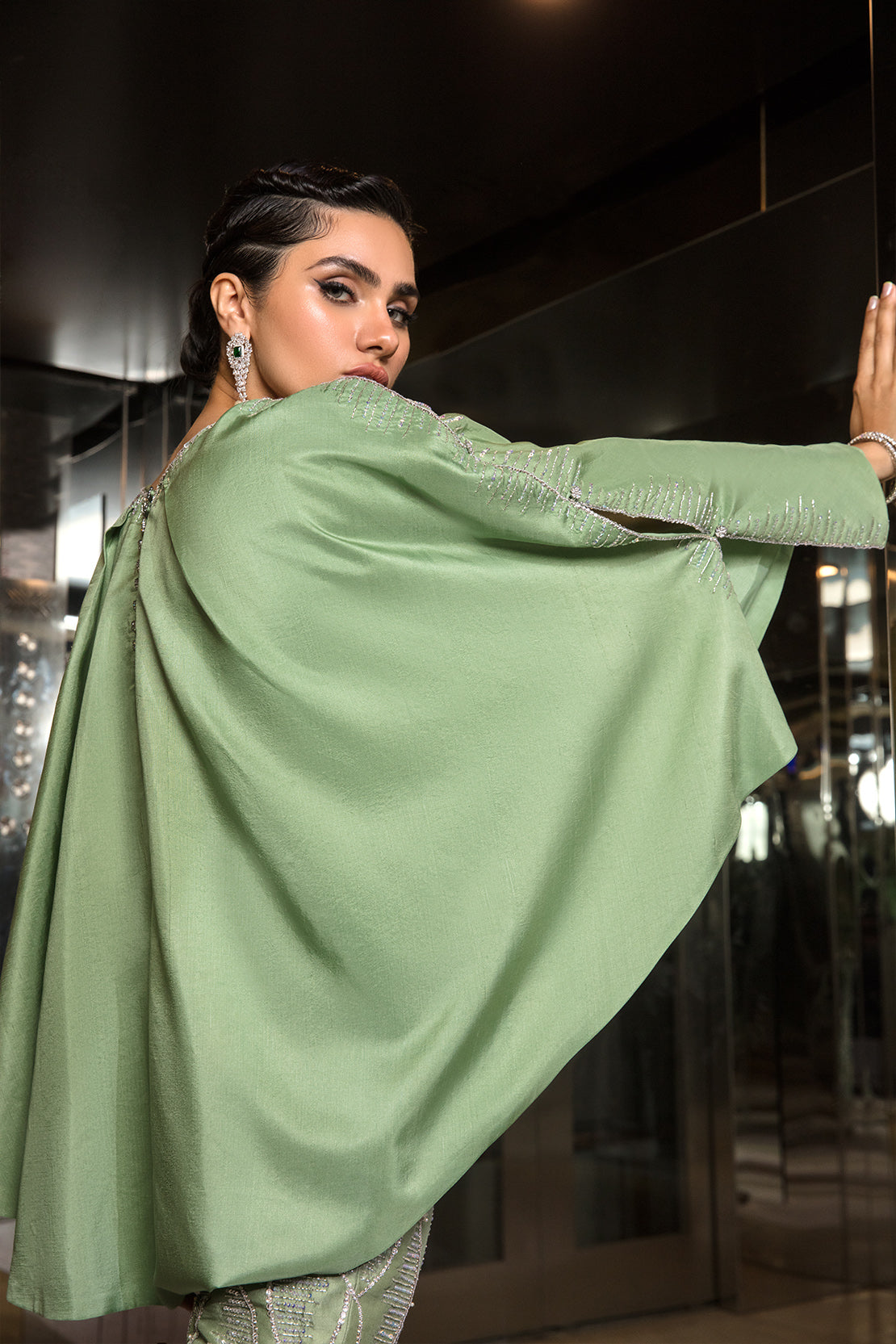 Pakistani Sage Green Embellished Raw Silk Cape Dress (2-Piece) - Image 4