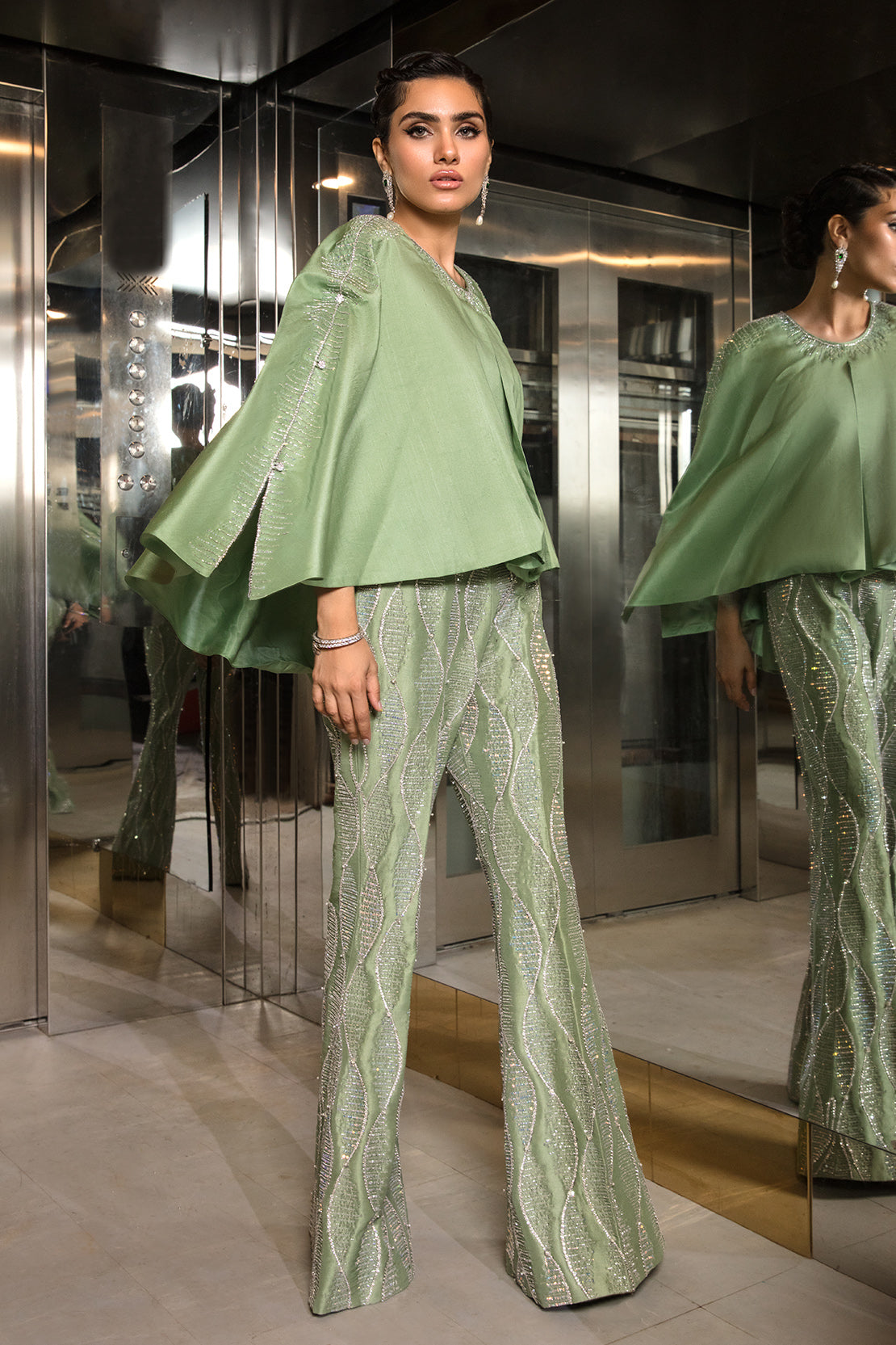 Pakistani Sage Green Embellished Raw Silk Cape Dress (2-Piece) - Image 5