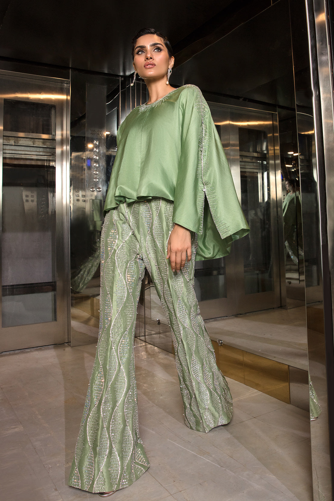 Pakistani Sage Green Embellished Raw Silk Cape Dress (2-Piece) - Image 6