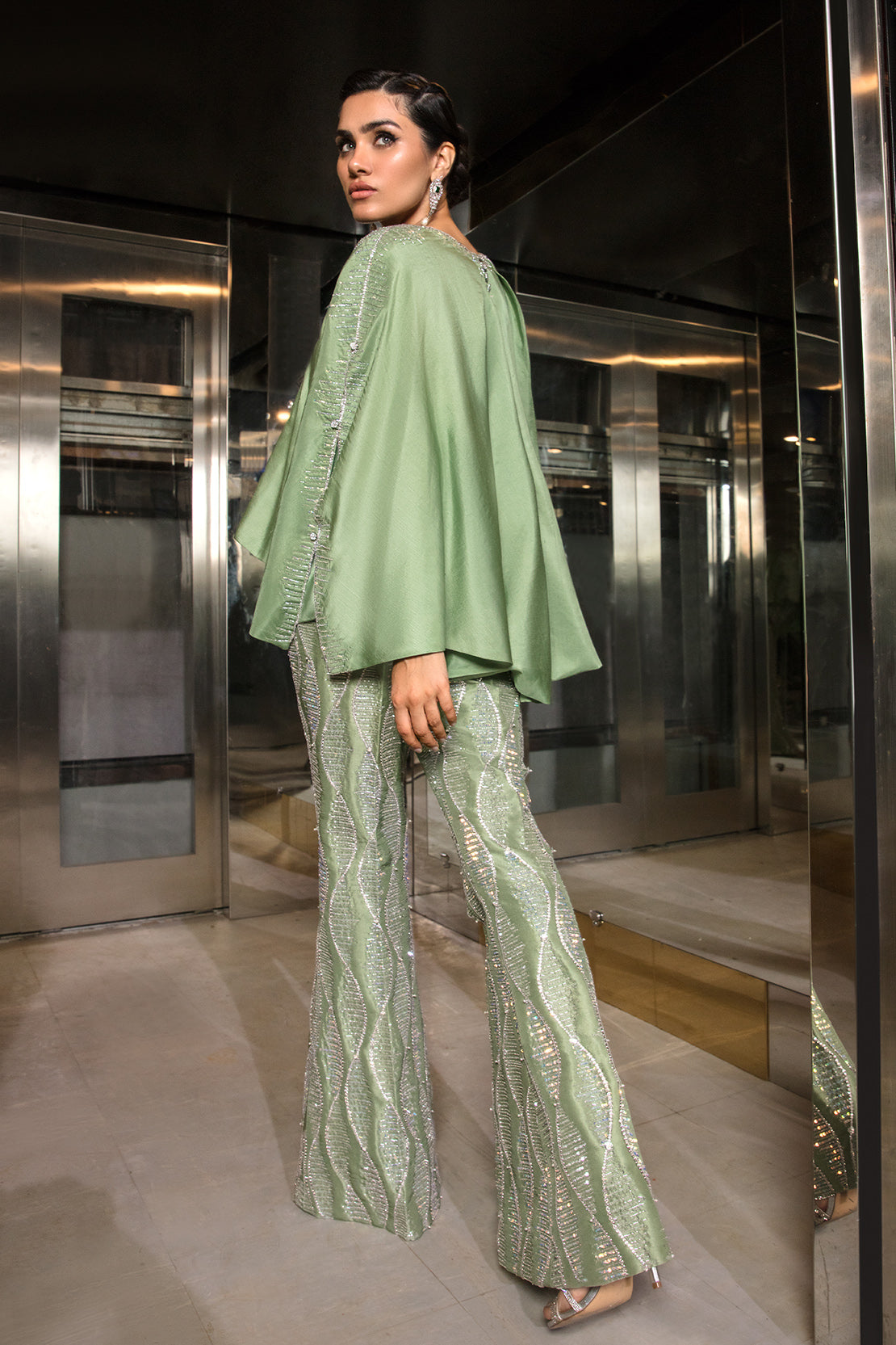 Pakistani Sage Green Embellished Raw Silk Cape Dress (2-Piece) - Image 7