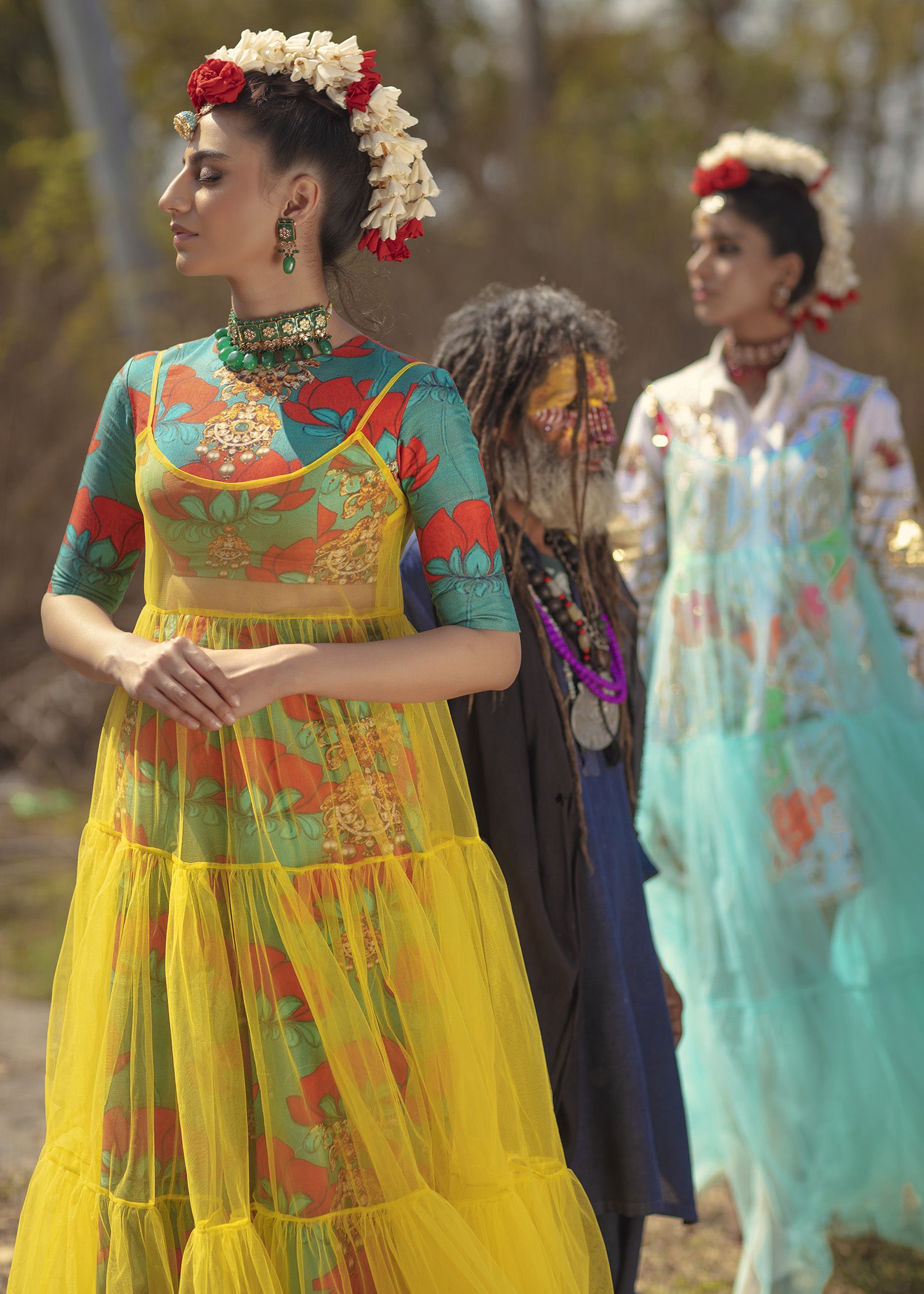 Pakistani Sea-Green Printed Raw Silk Skirt & Blouse (3-Piece) - Image 1