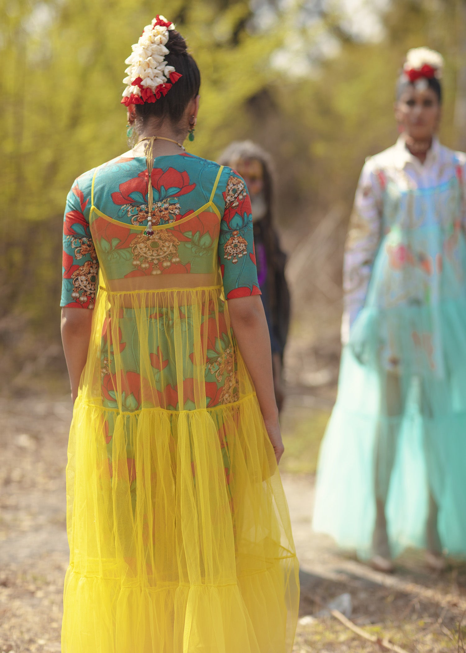 Pakistani Sea-Green Printed Raw Silk Skirt & Blouse (3-Piece) - Image 2