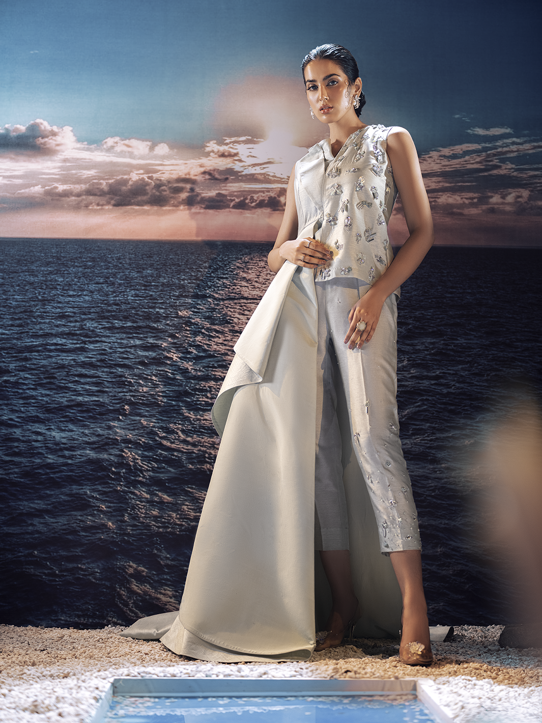 Pale Green Hand-Embellished Korean Raw Silk Cape Dress (2-Piece) - Image 1