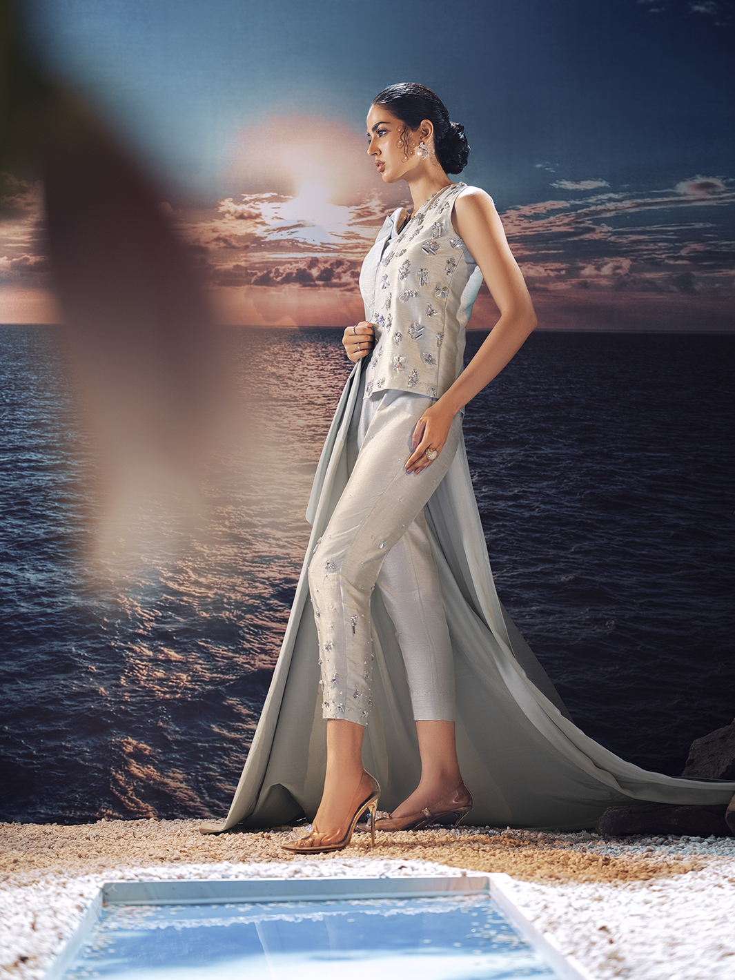 Pale Green Hand-Embellished Korean Raw Silk Cape Dress (2-Piece) - Image 4