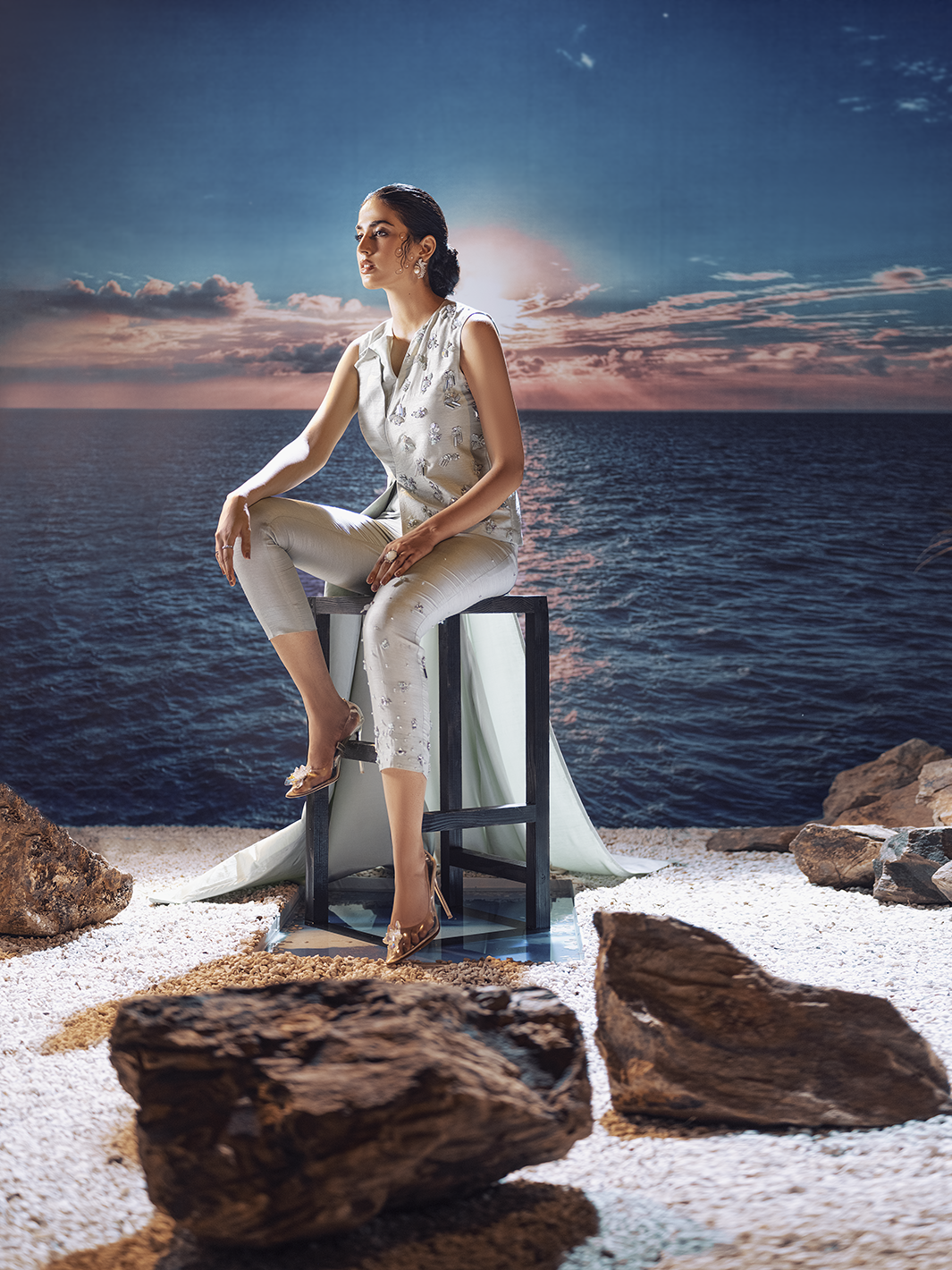 Pale Green Hand-Embellished Korean Raw Silk Cape Dress (2-Piece) - Image 5