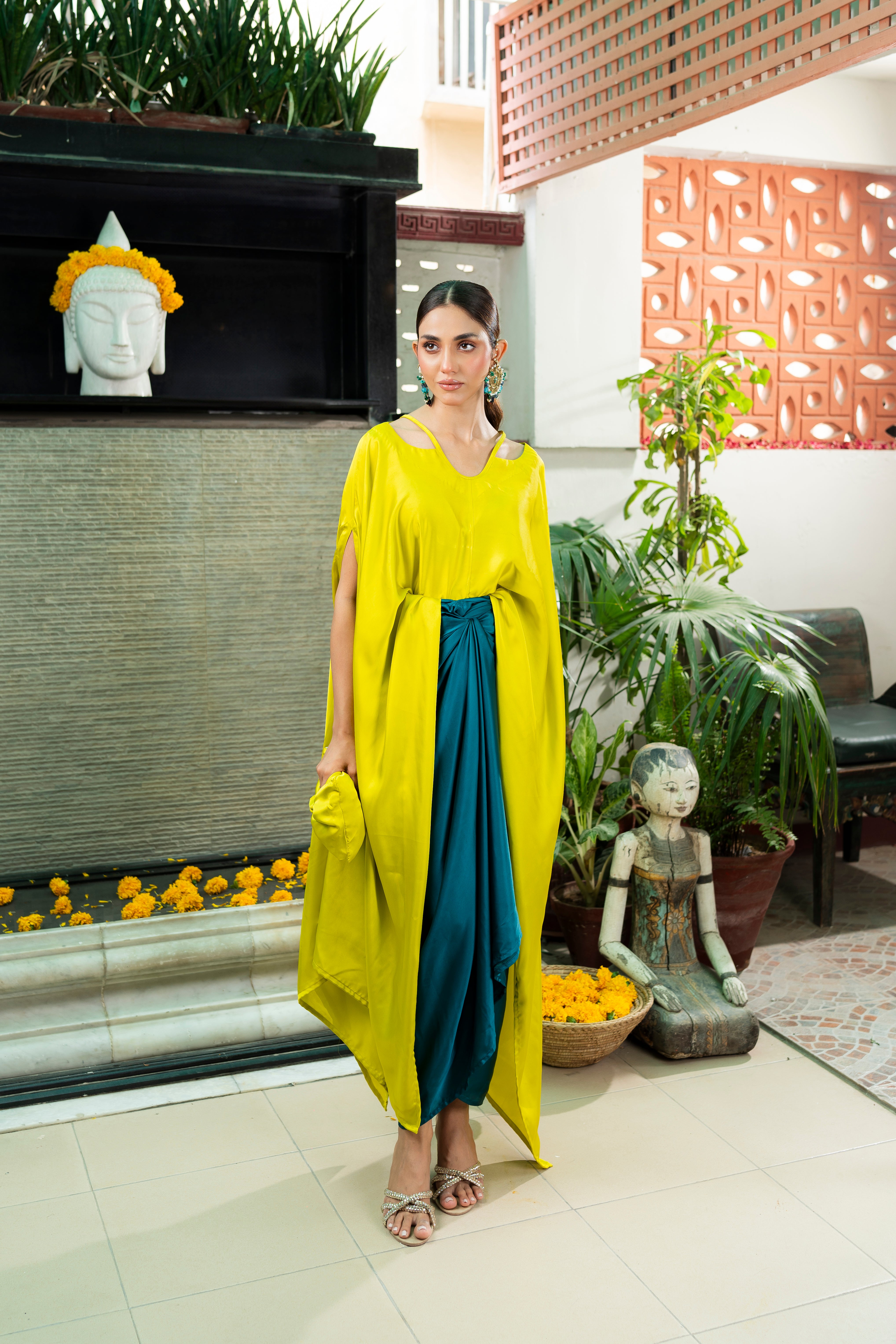 Lime Silk Cape with Teal Draped Skirt (2-Piece) - Image 1