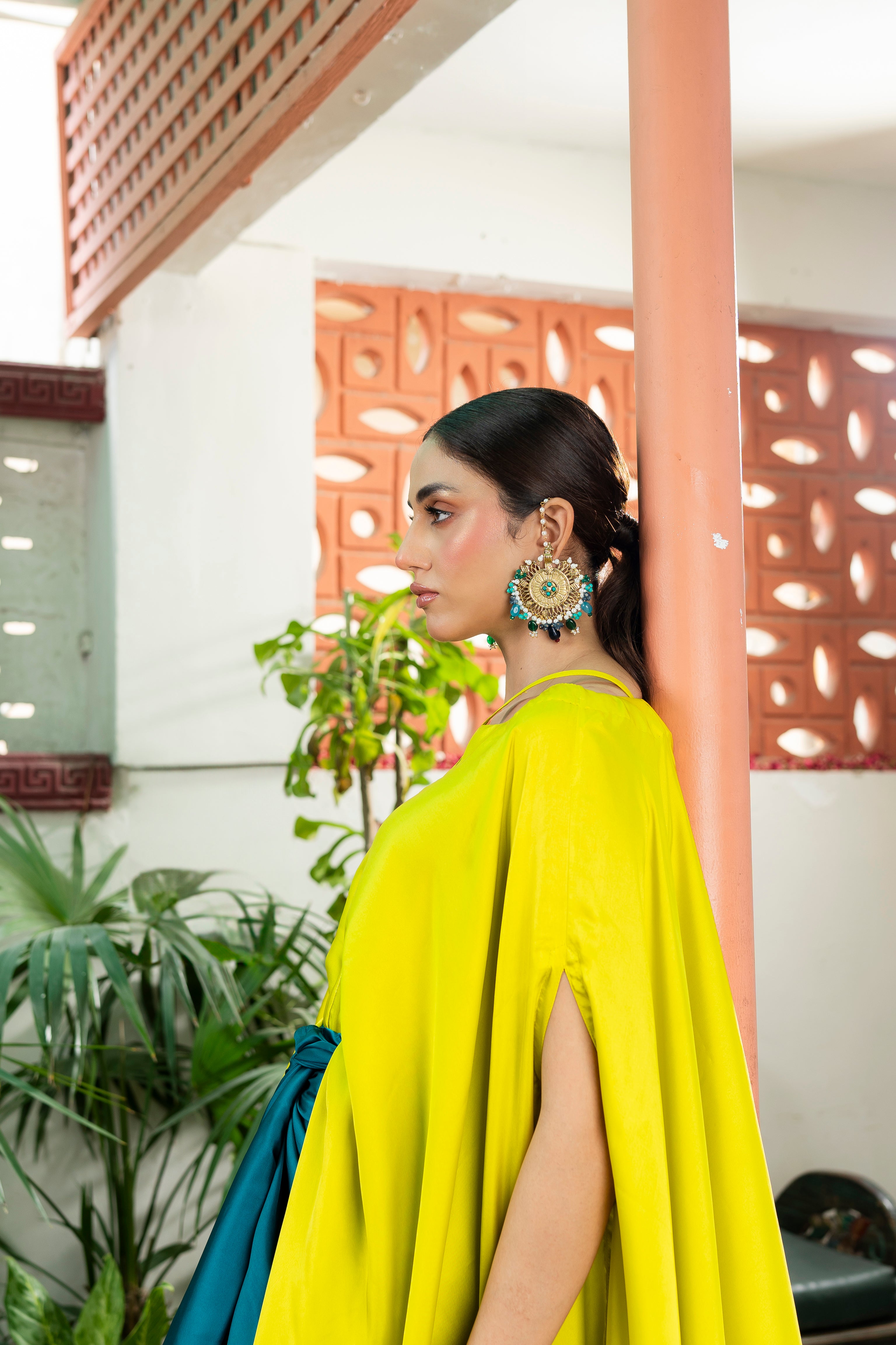 Lime Silk Cape with Teal Draped Skirt (2-Piece) - Image 2