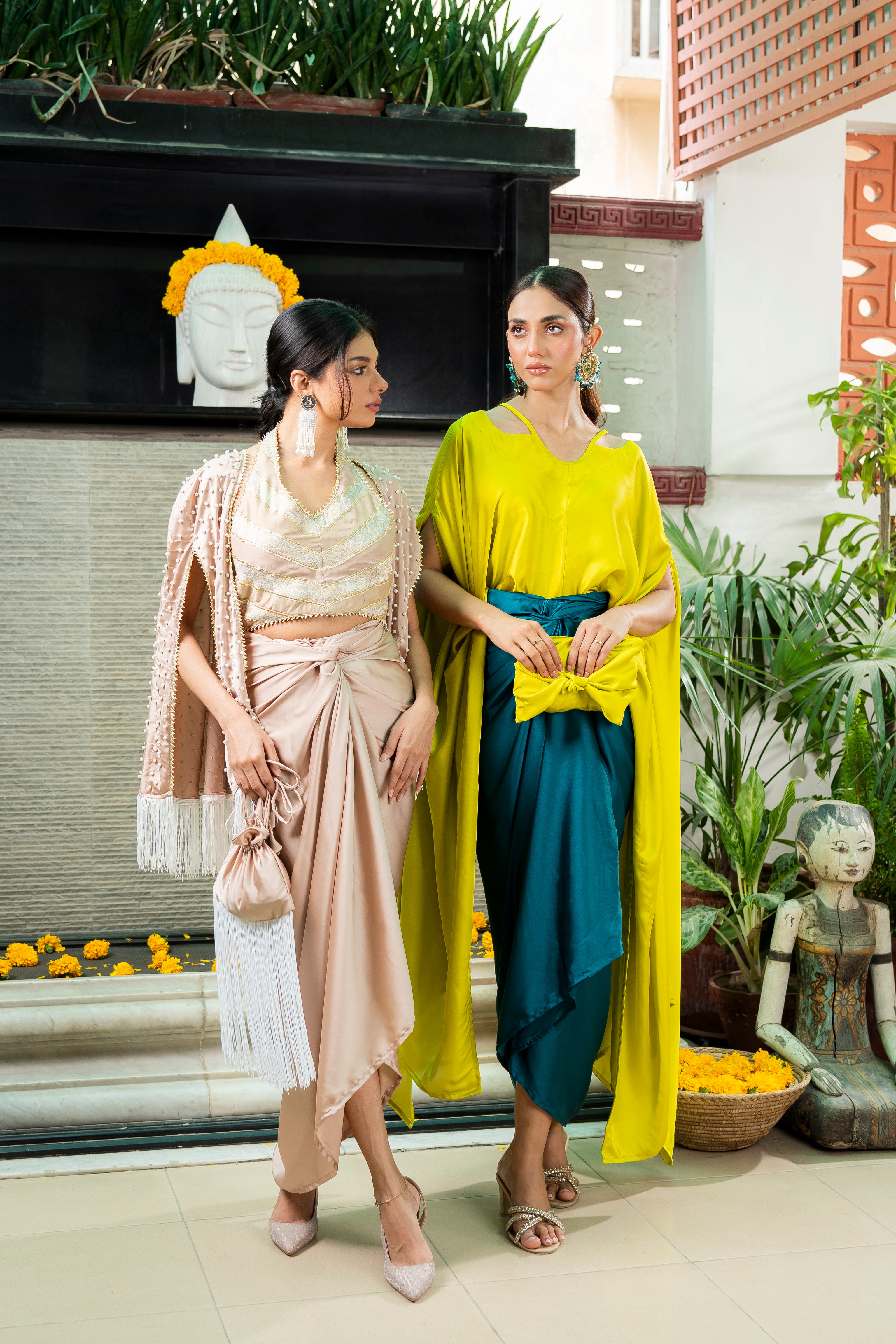 Lime Silk Cape with Teal Draped Skirt (2-Piece) - Image 4