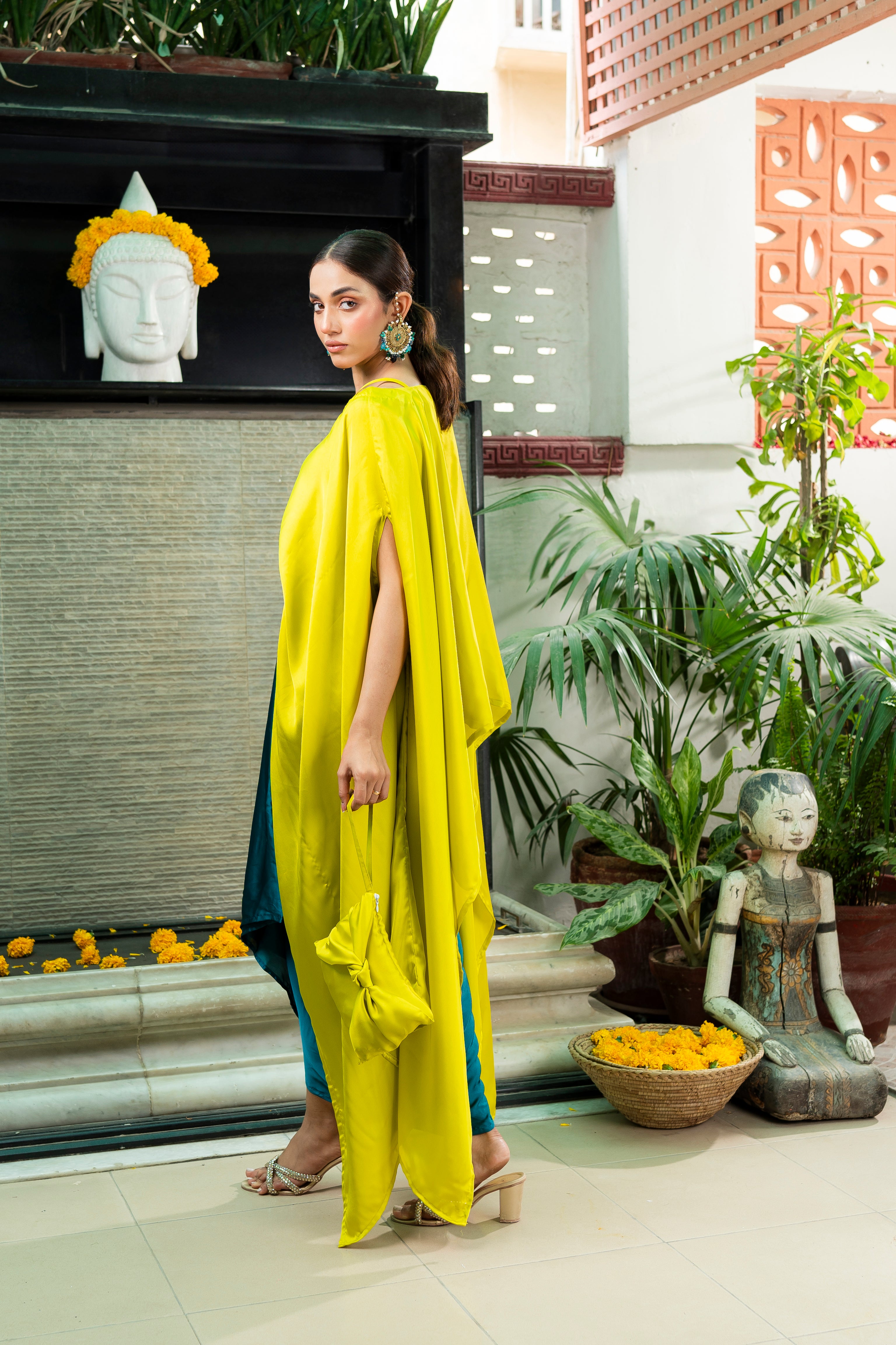 Lime Silk Cape with Teal Draped Skirt (2-Piece) - Image 6