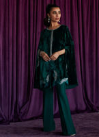 Emerald Green Embellished Velvet Cape Dress (3-Piece) - Image 2