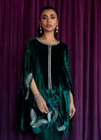 Emerald Green Embellished Velvet Cape Dress (3-Piece) - Image 5