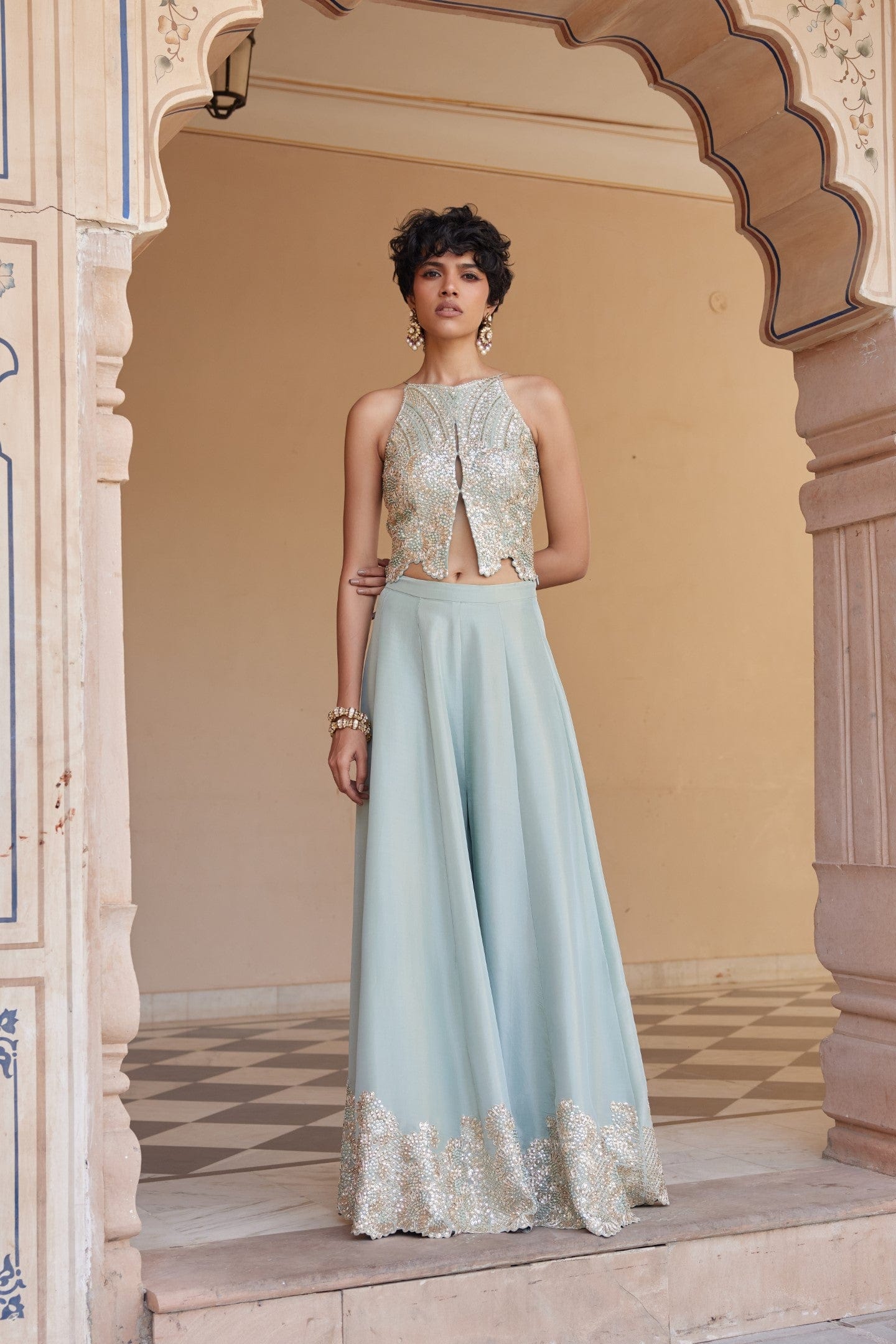 Indian Tea Green Embroidered Tissue Silk Co-ord Set (2-Piece) - Image 1