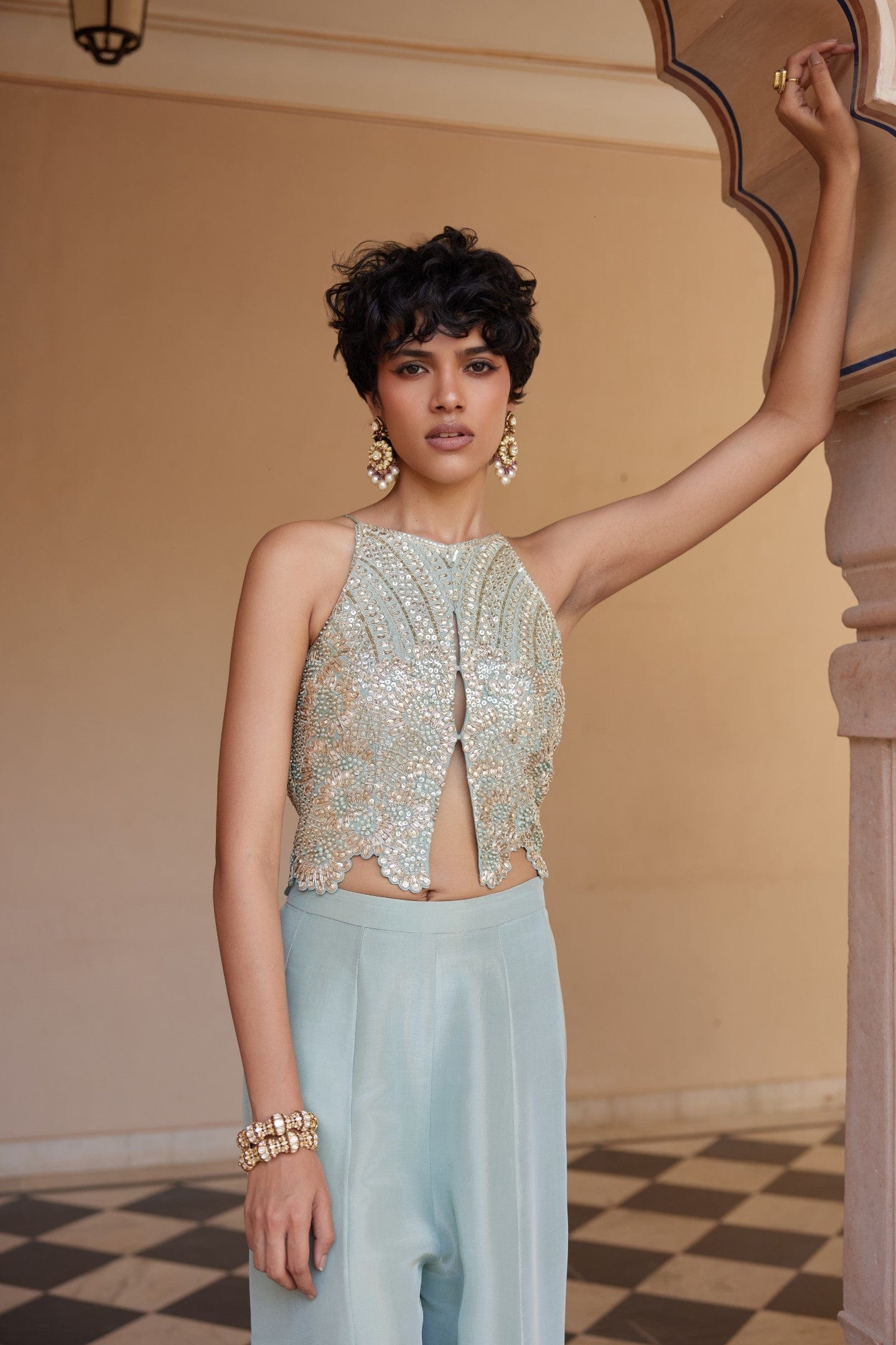 Indian Tea Green Embroidered Tissue Silk Co-ord Set (2-Piece) - Image 3