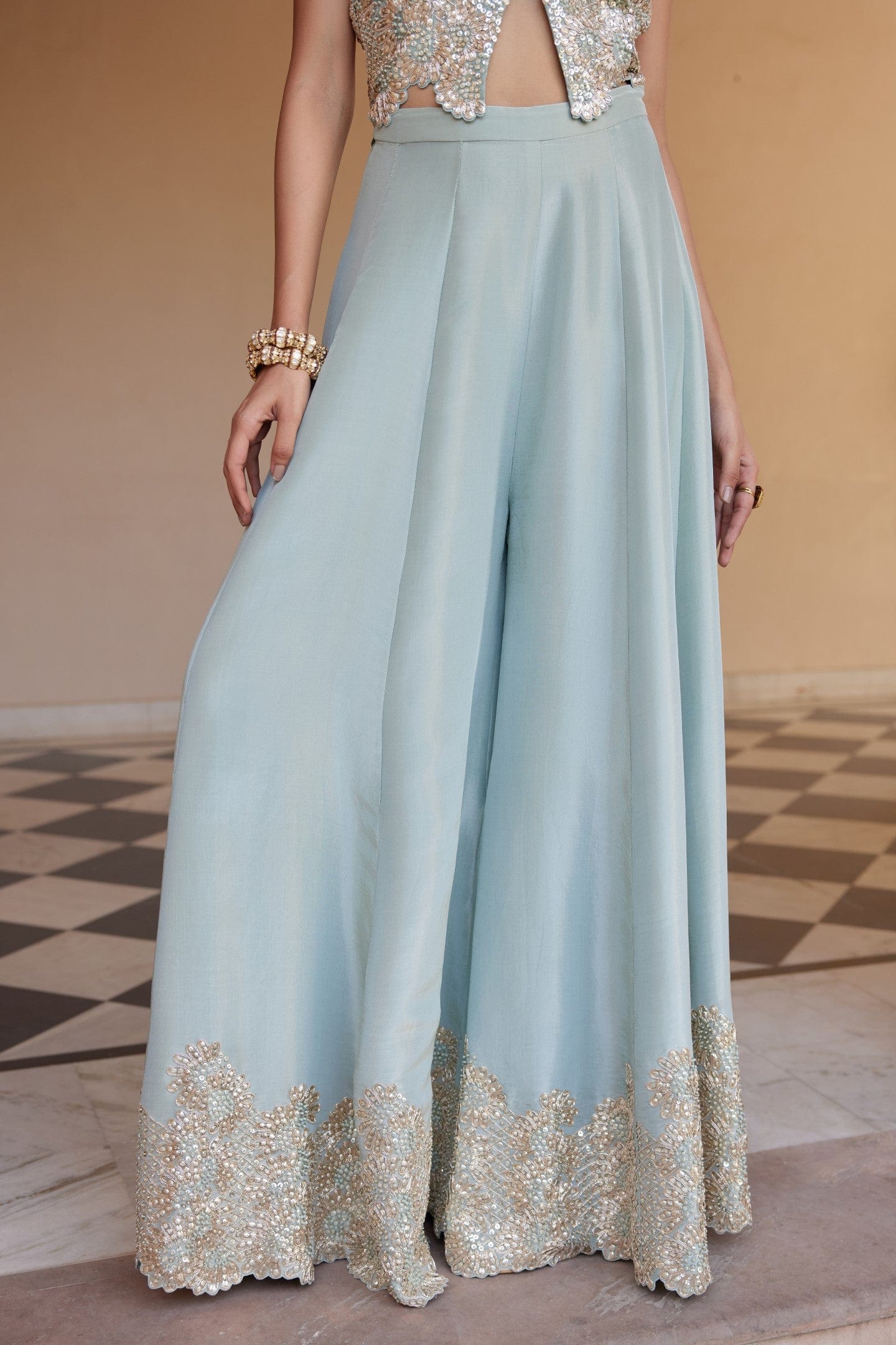 Indian Tea Green Embroidered Tissue Silk Co-ord Set (2-Piece) - Image 4