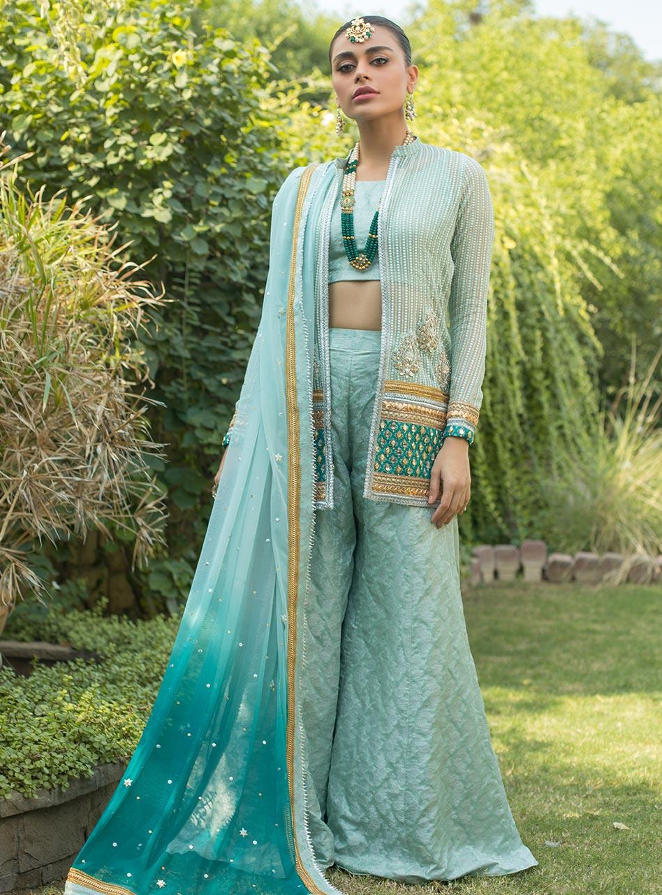 Mint Embellished Organza Jacket Set (3-Piece) - Image 2
