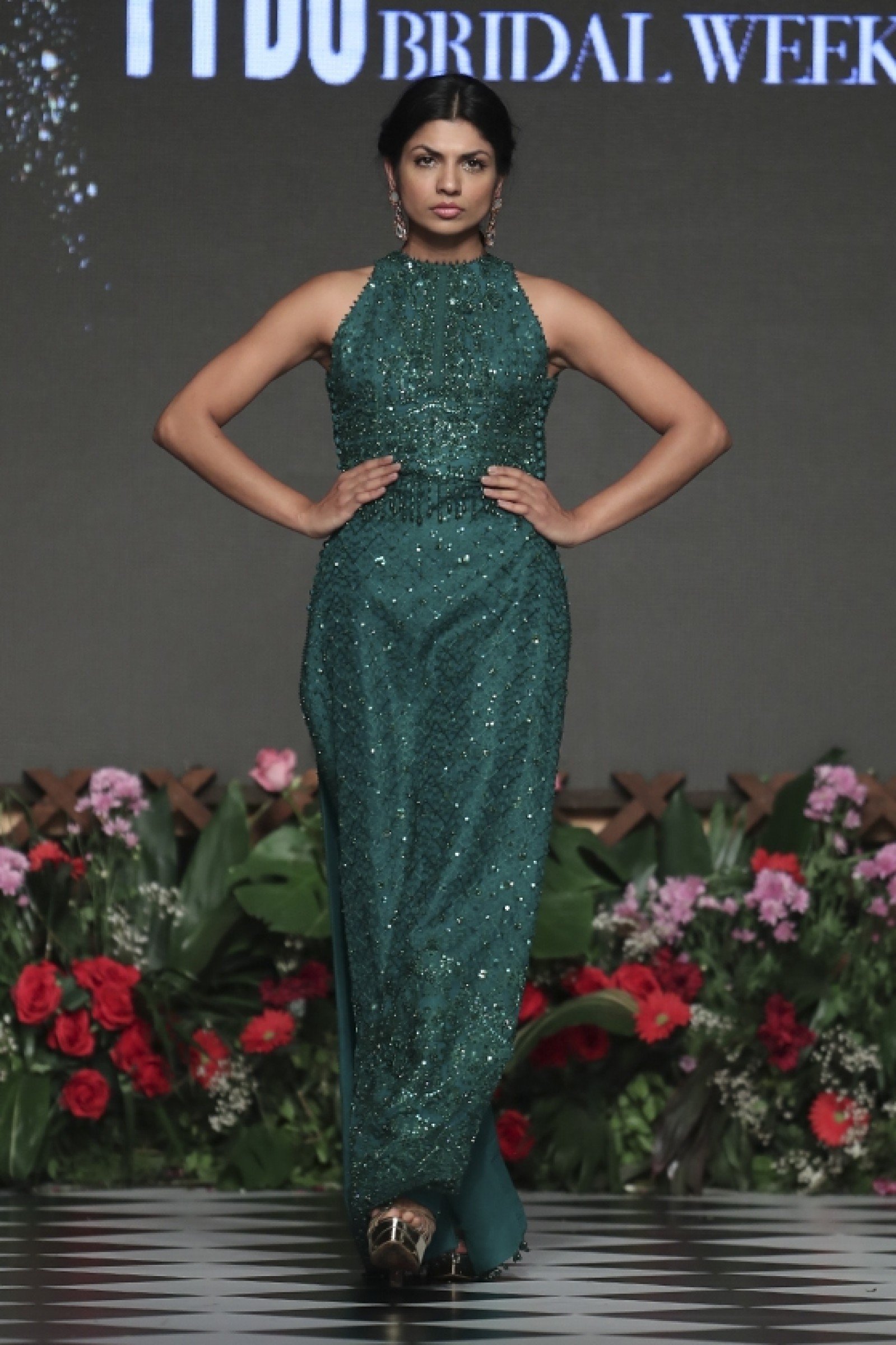 Pakistani Emerald Green Embellished Crepe-Georgette Halter Dress (2-Piece) - Image 1