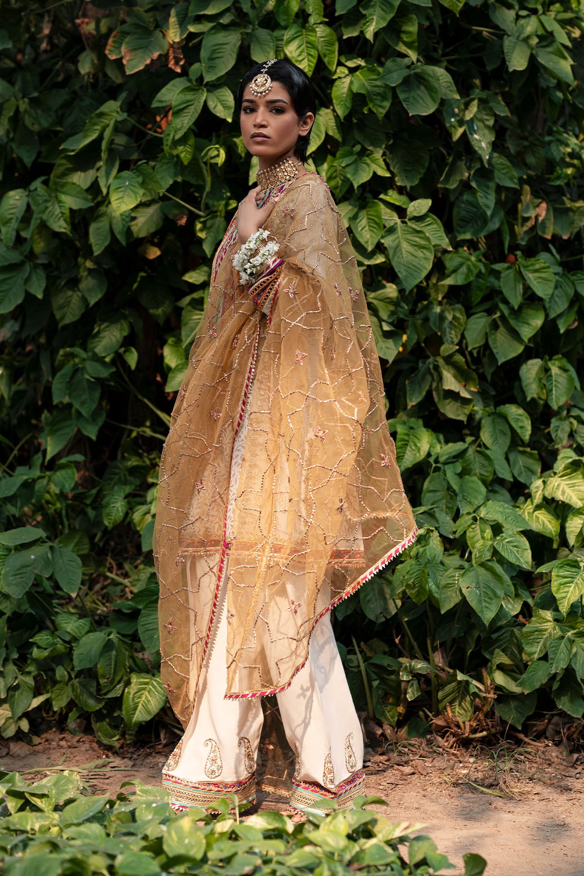 Pakistani Lime Green Gota Work Net Dupatta (1-Pc) - Image 1