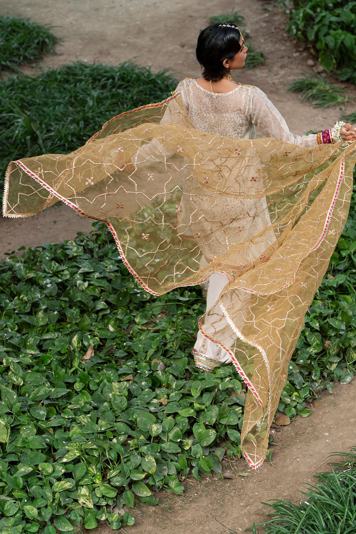 Pakistani Lime Green Gota Work Net Dupatta (1-Pc) - Image 2