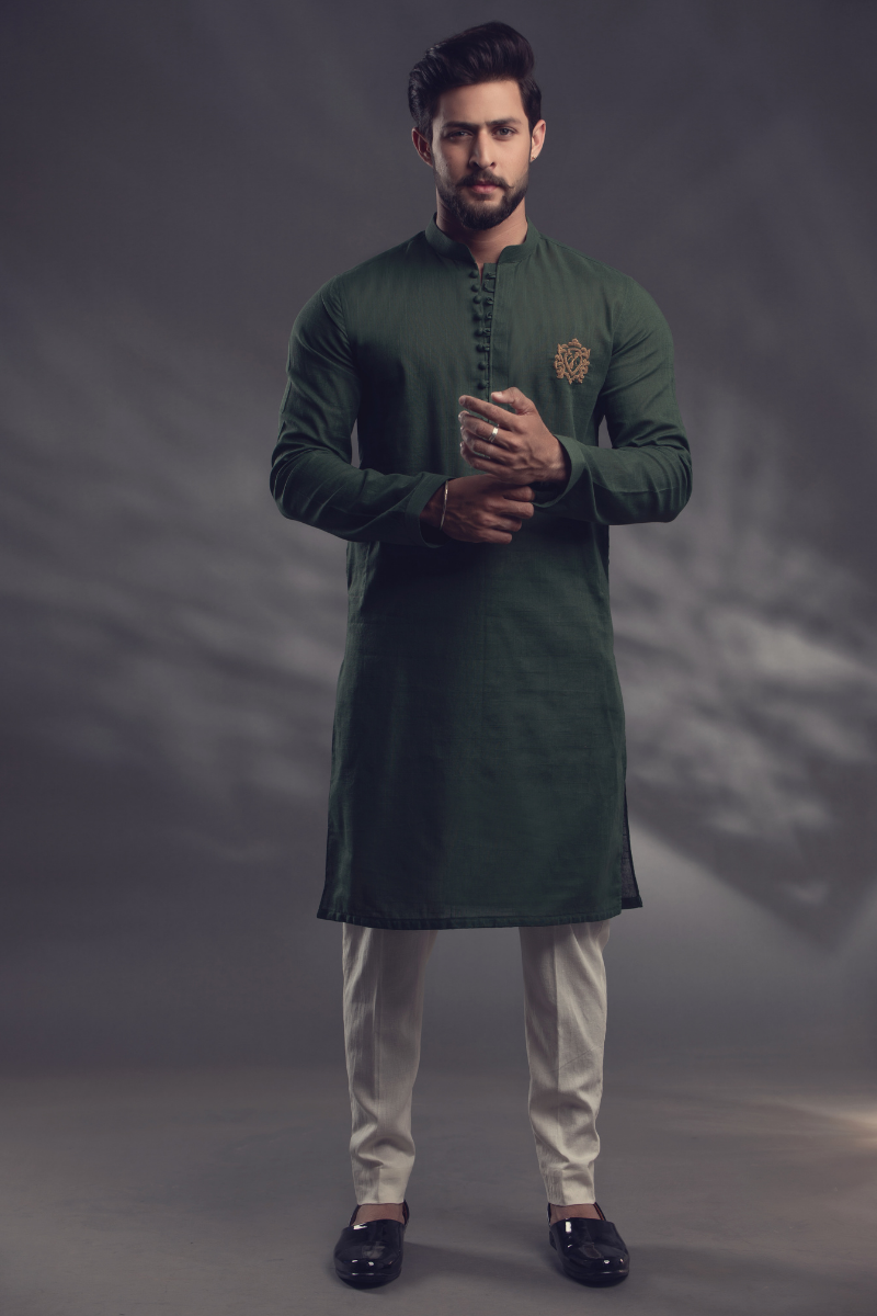 Olive Green Embroidered Cotton Blend Kurta (2-Piece) - Image 1