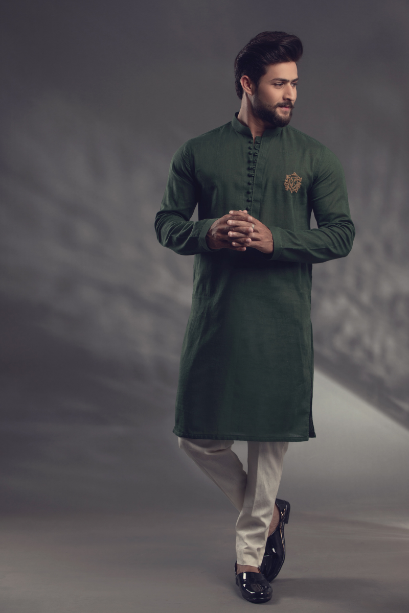 Olive Green Embroidered Cotton Blend Kurta (2-Piece) - Image 3