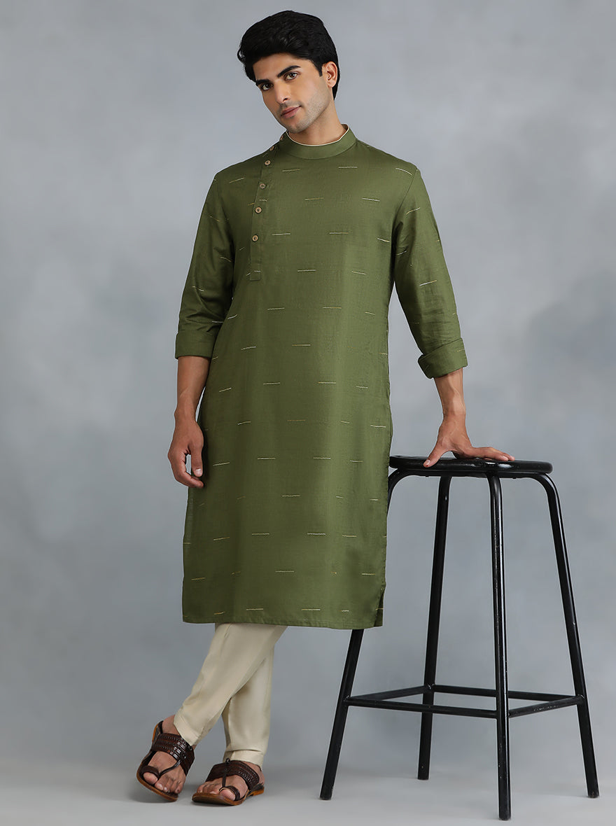 Olive Green Woven Cotton Blend Kurta (2-Piece) - Image 1