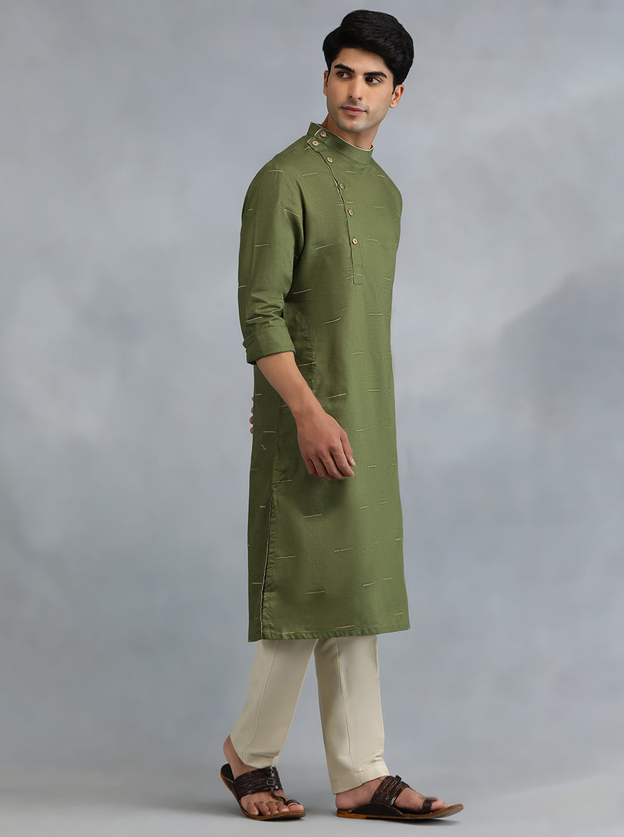 Olive Green Woven Cotton Blend Kurta (2-Piece) - Image 2