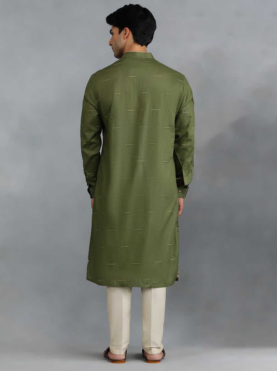 Olive Green Woven Cotton Blend Kurta (2-Piece) - Image 3