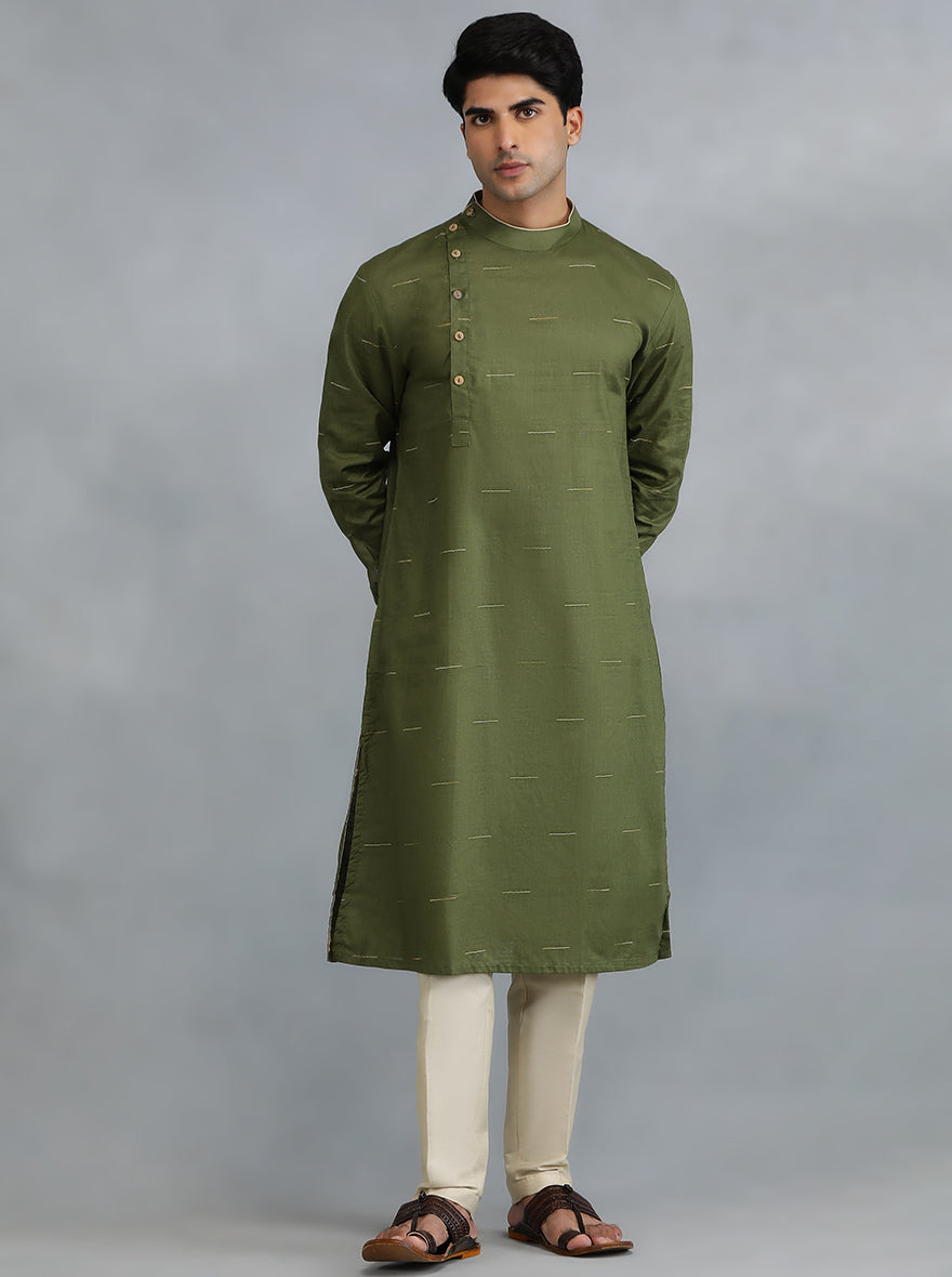 Olive Green Woven Cotton Blend Kurta (2-Piece) - Image 4