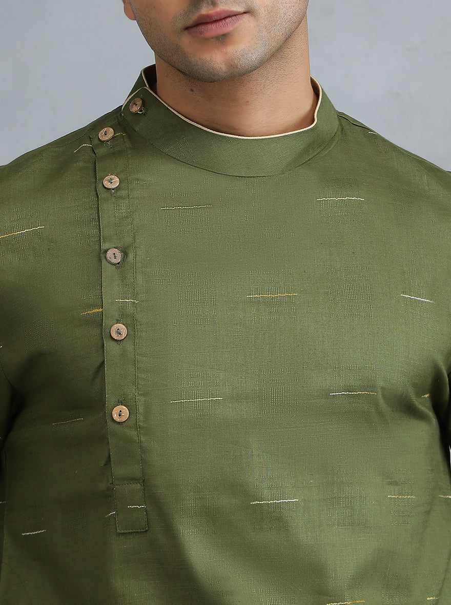 Olive Green Woven Cotton Blend Kurta (2-Piece) - Image 6
