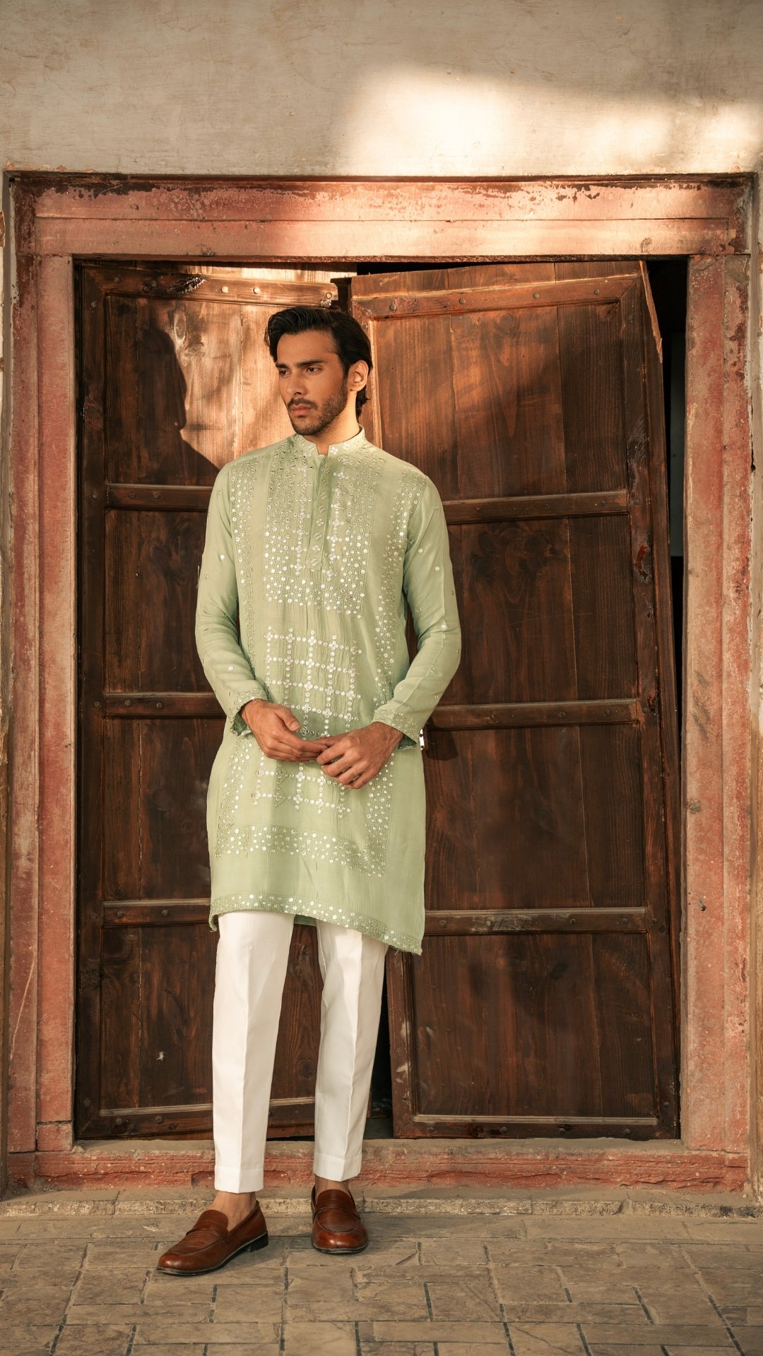 Sea Green Mirror Work Woven Kurta (2-Piece) - Image 1
