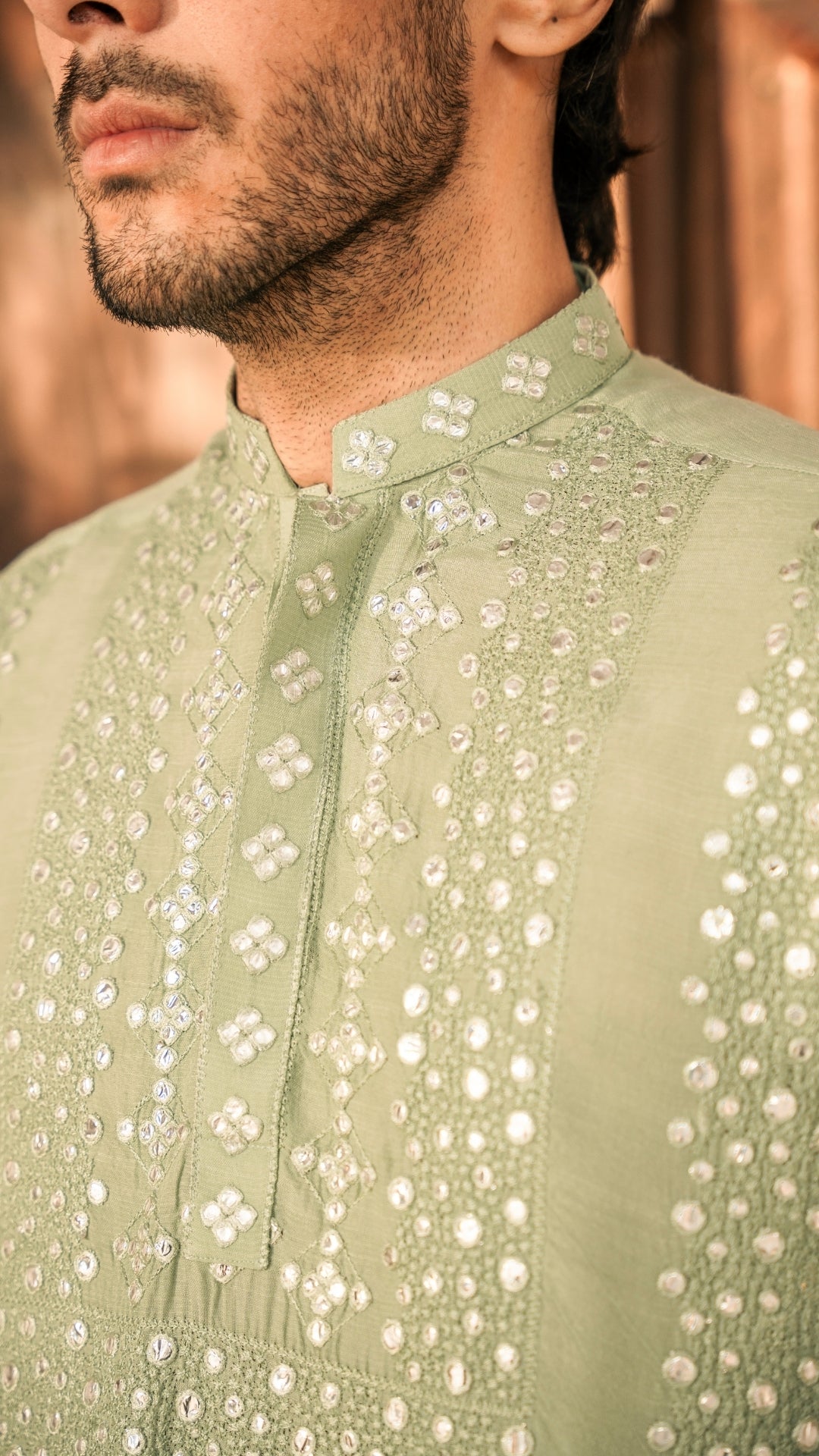 Sea Green Mirror Work Woven Kurta (2-Piece) - Image 2