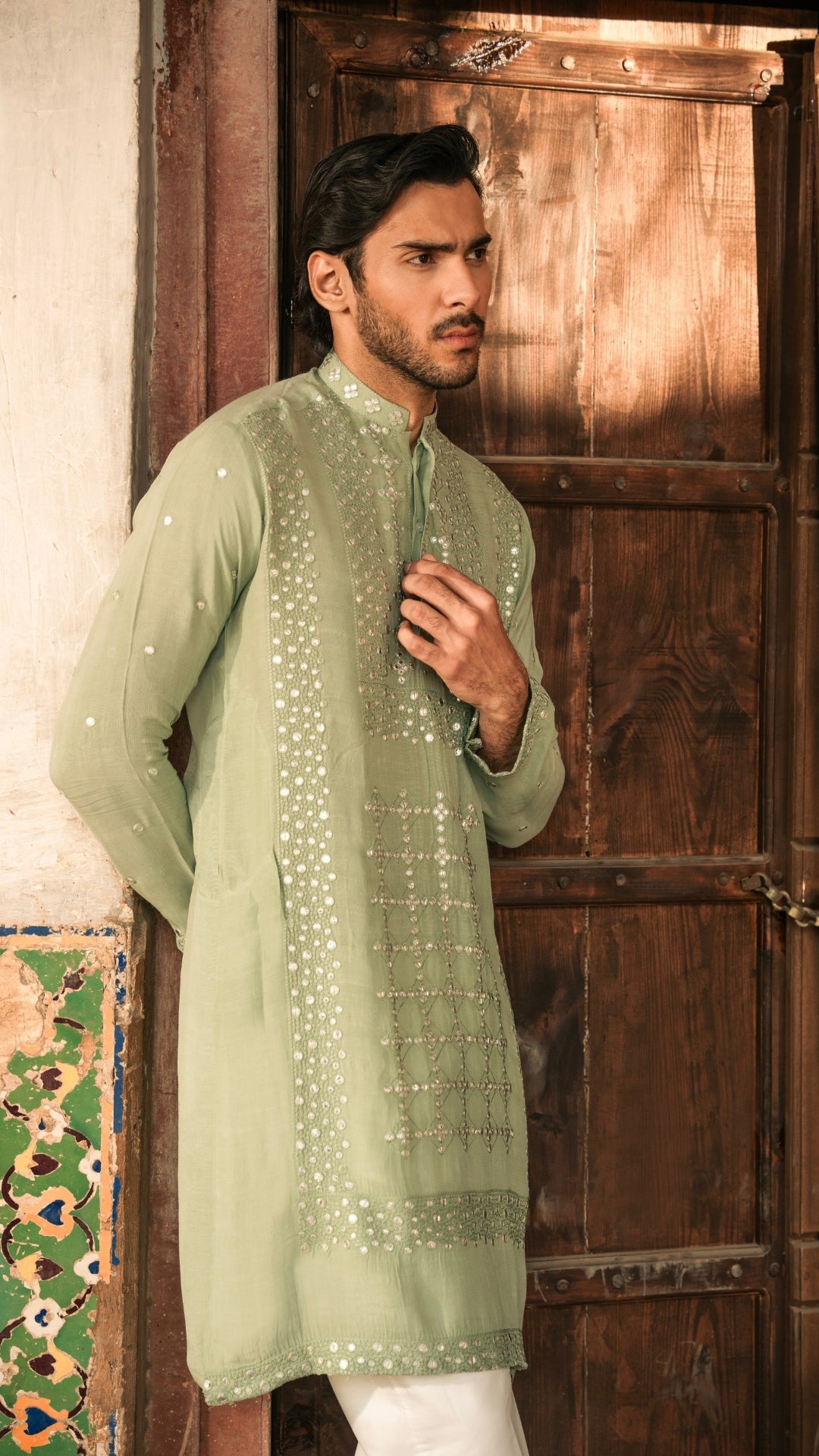 Sea Green Mirror Work Woven Kurta (2-Piece) - Image 3