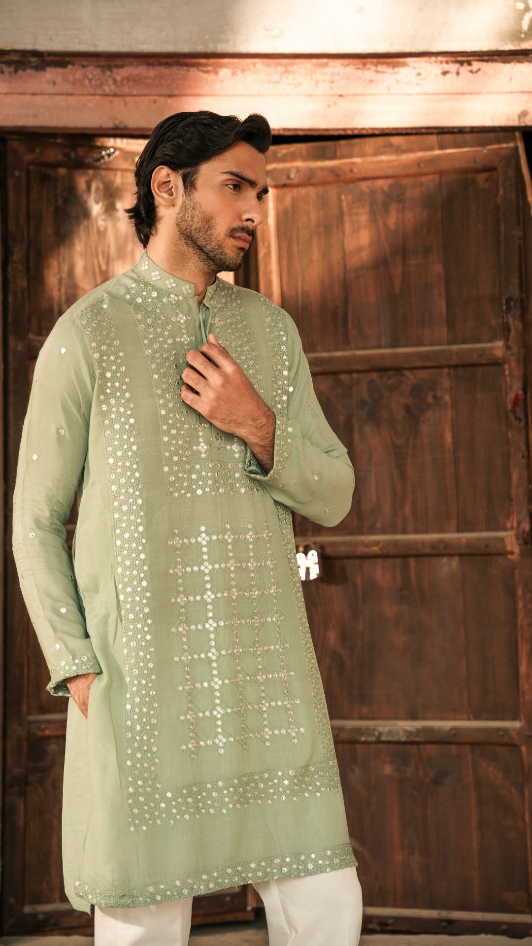 Sea Green Mirror Work Woven Kurta (2-Piece) - Image 4