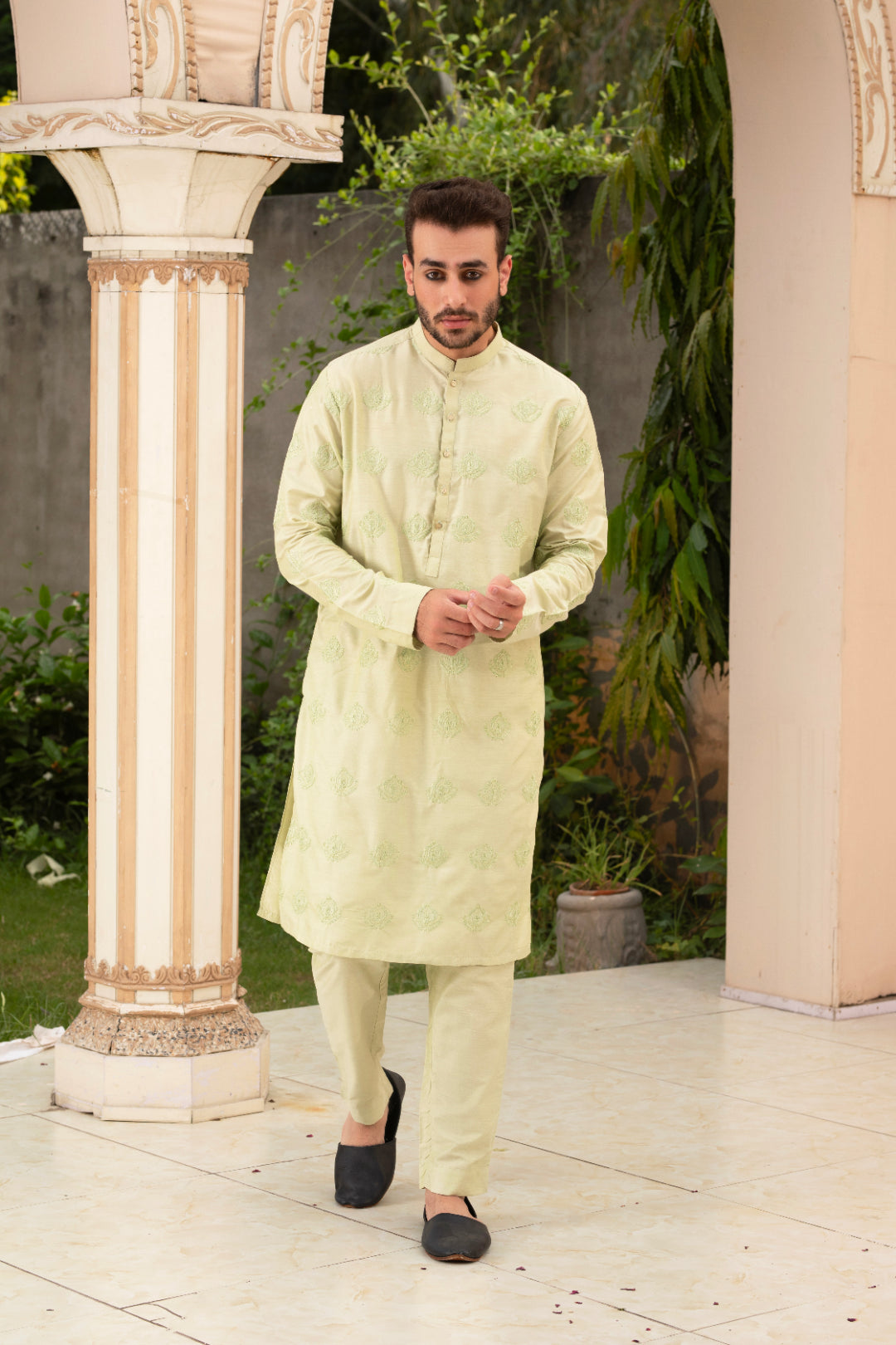 Light Green Embroidered Cotton Silk Kurta Pajama (2-Piece) - Image 1