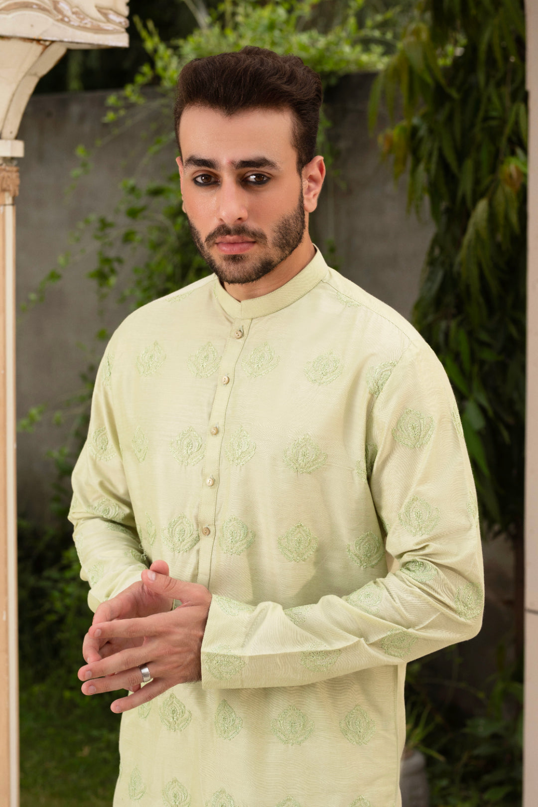 Light Green Embroidered Cotton Silk Kurta Pajama (2-Piece) - Image 3